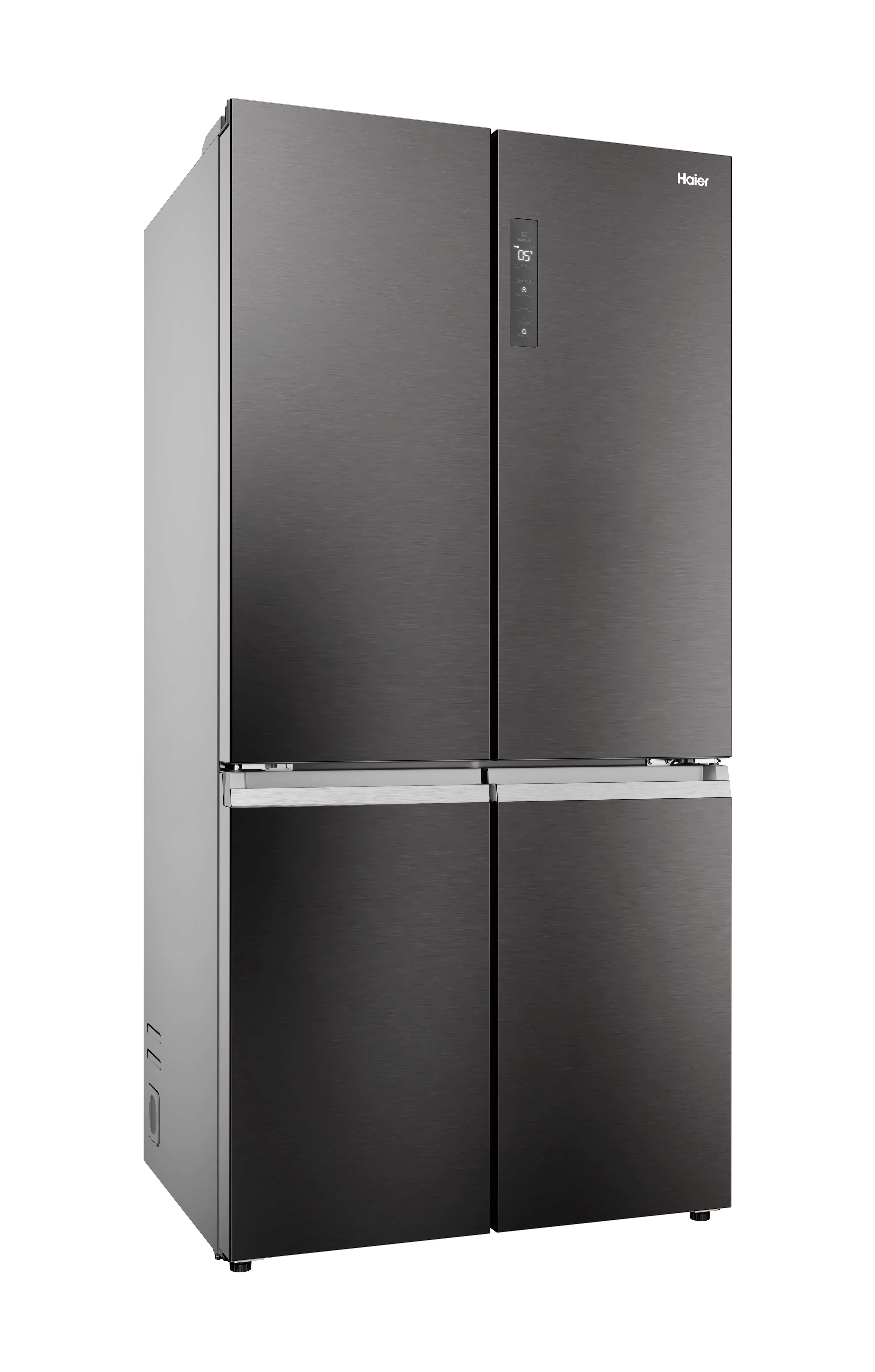 Un refrigerador Haier oscuro de cuatro puertas con pantalla digital.