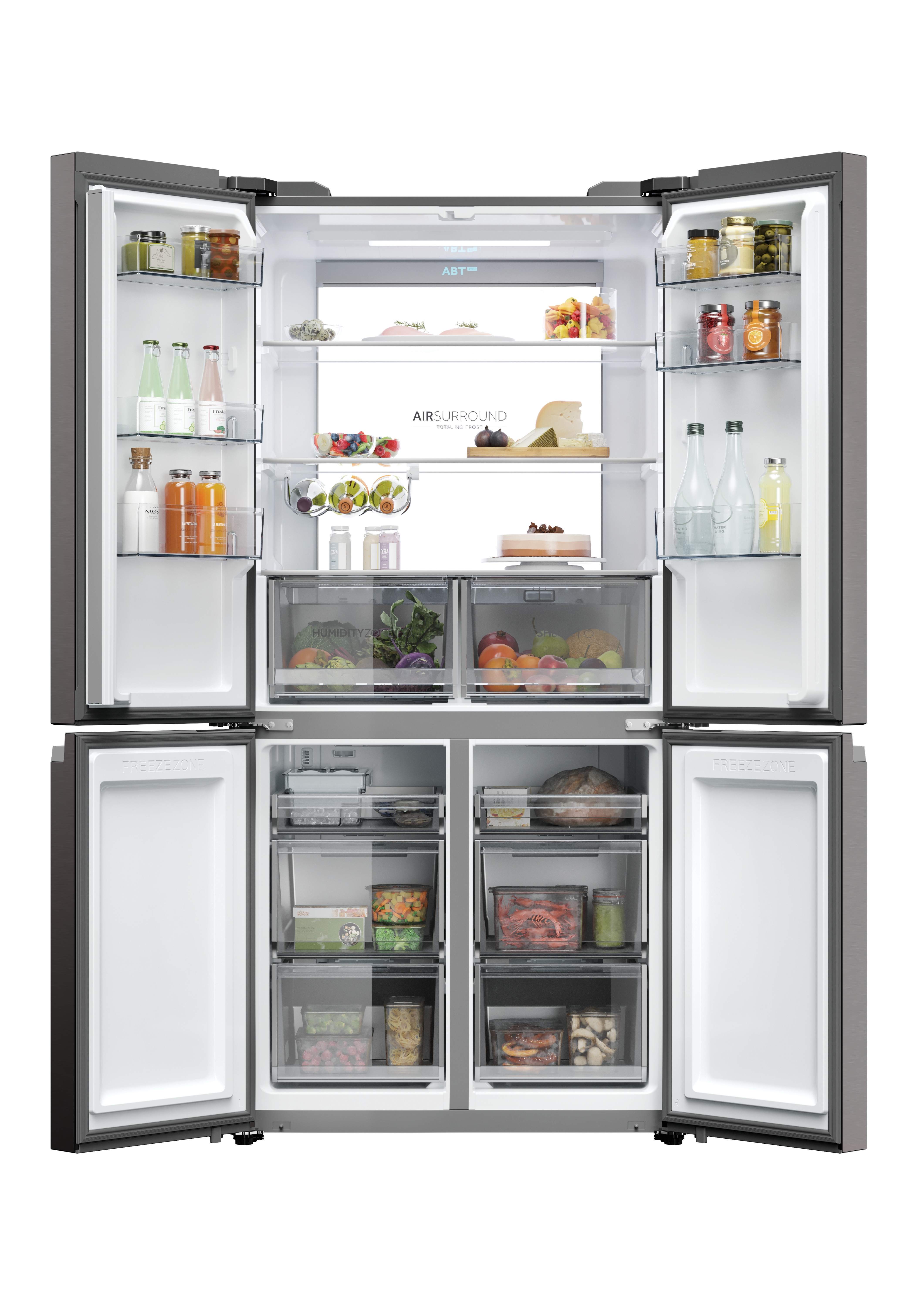 Refrigerador abierto con comida en estantes y cajones.