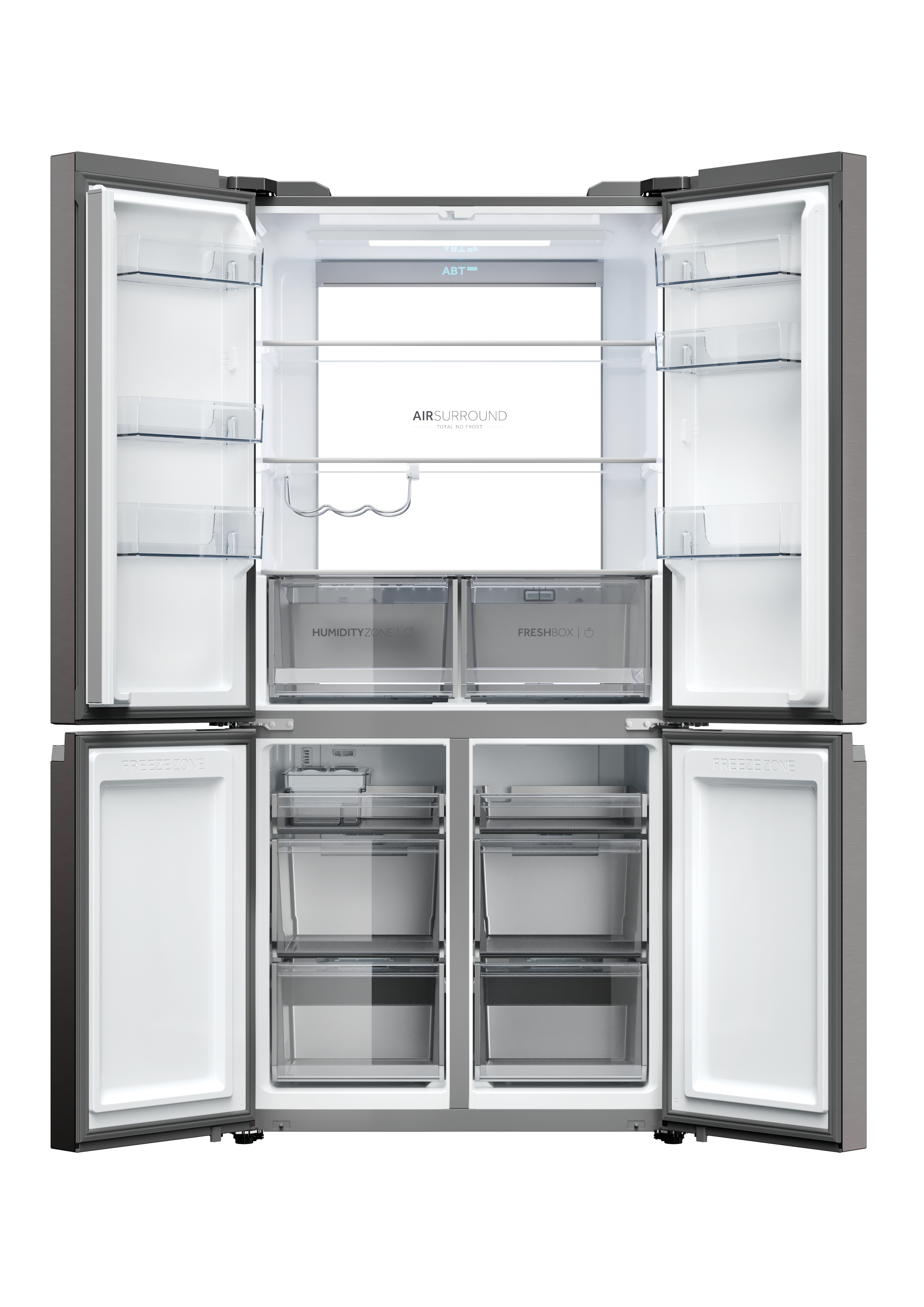 Un refrigerador abierto con múltiples estantes y cajones, iluminado.