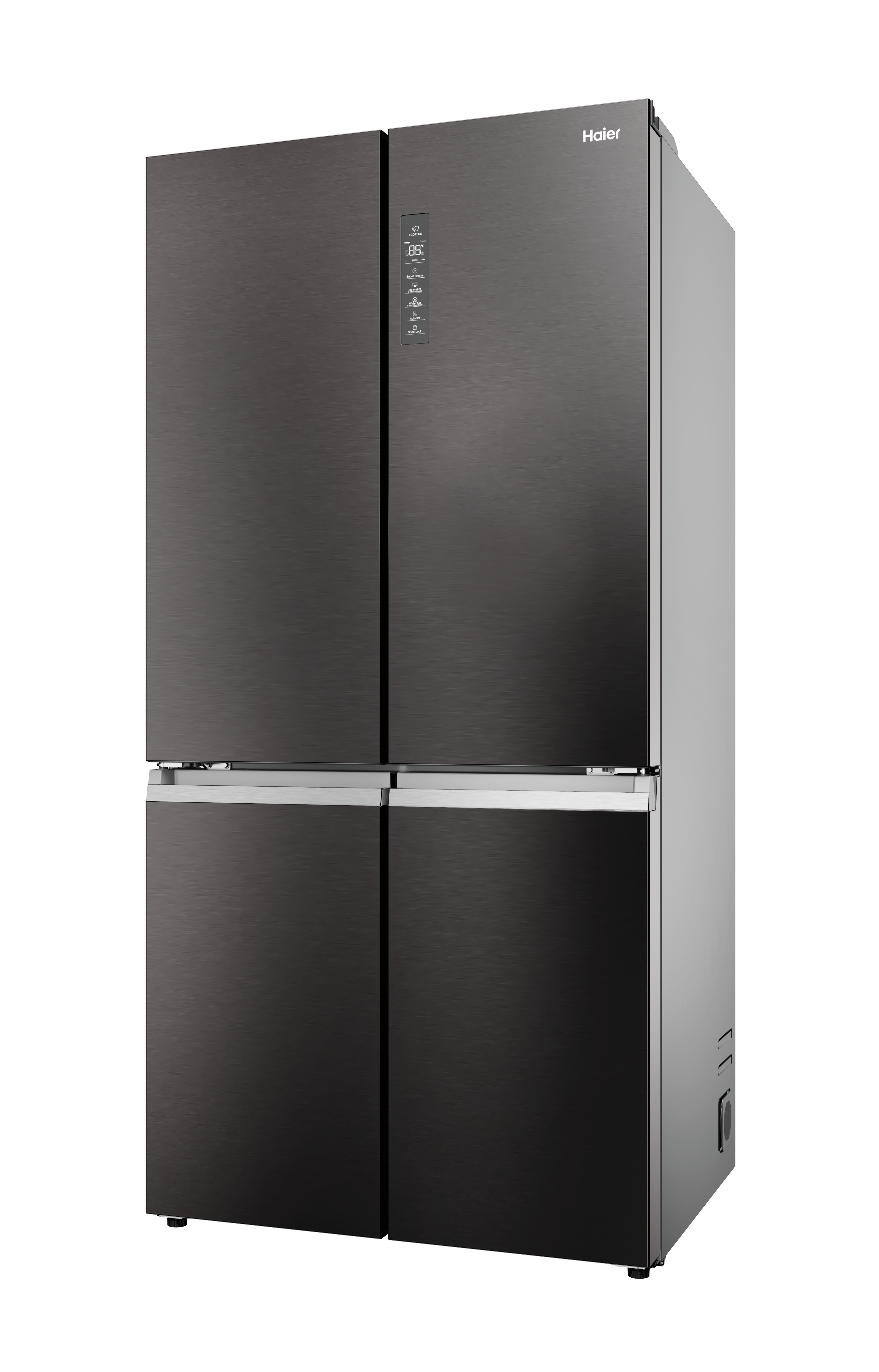Un refrigerador Haier oscuro de cuatro puertas con pantalla digital.