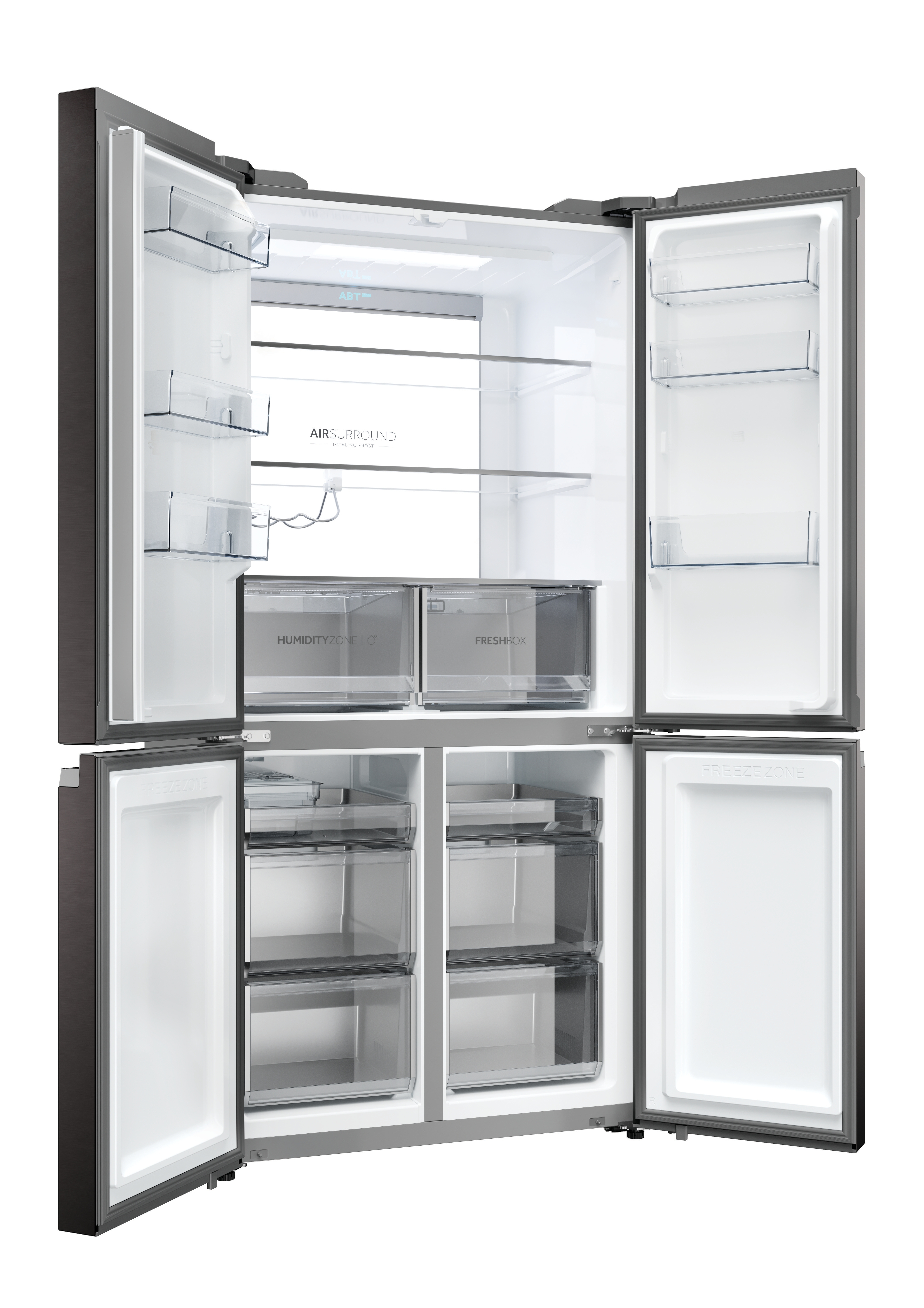 Un refrigerador abierto y oscuro con múltiples estantes y cajones.