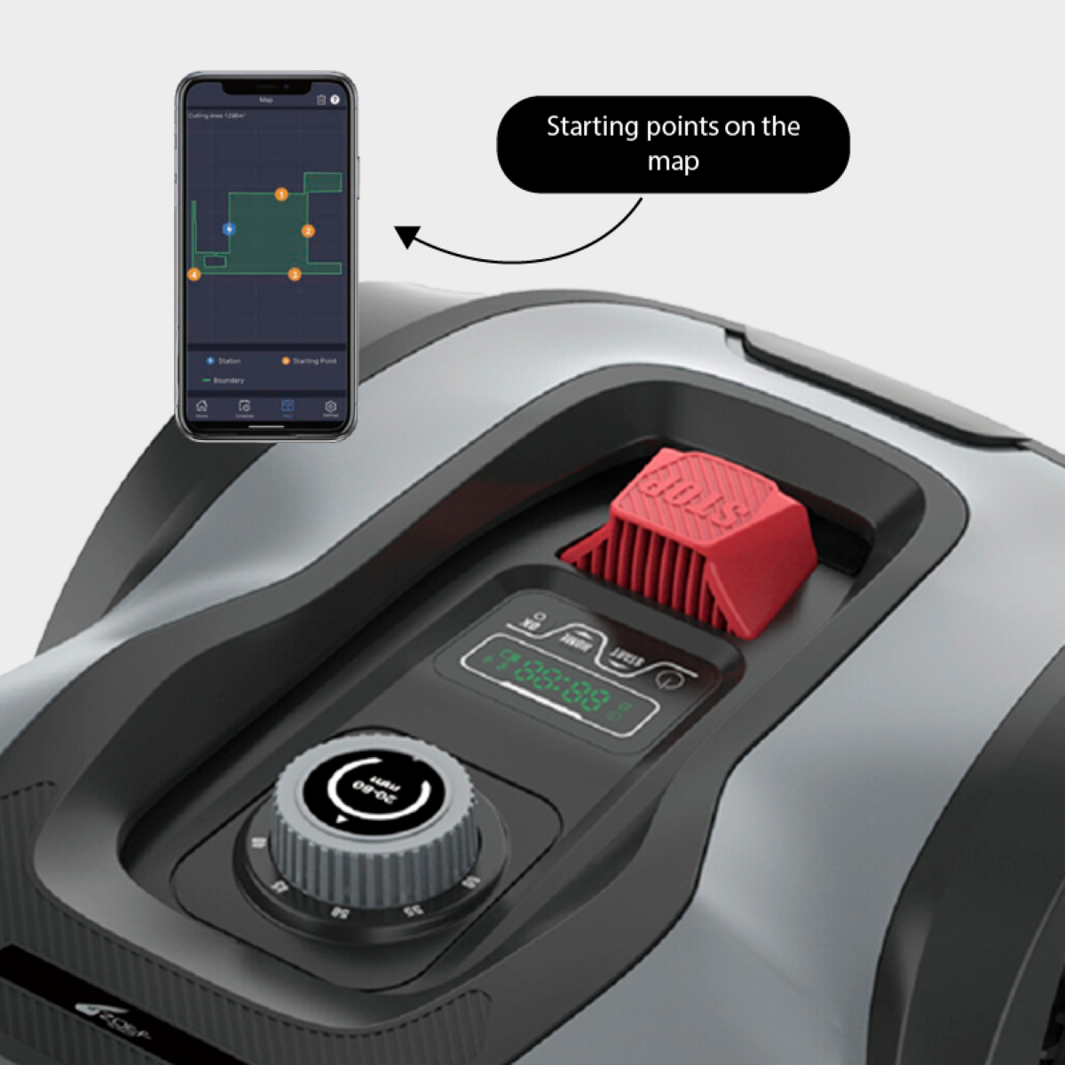 Een smartphone toont een kaart met startpunten naast een robotgrasmaaier.