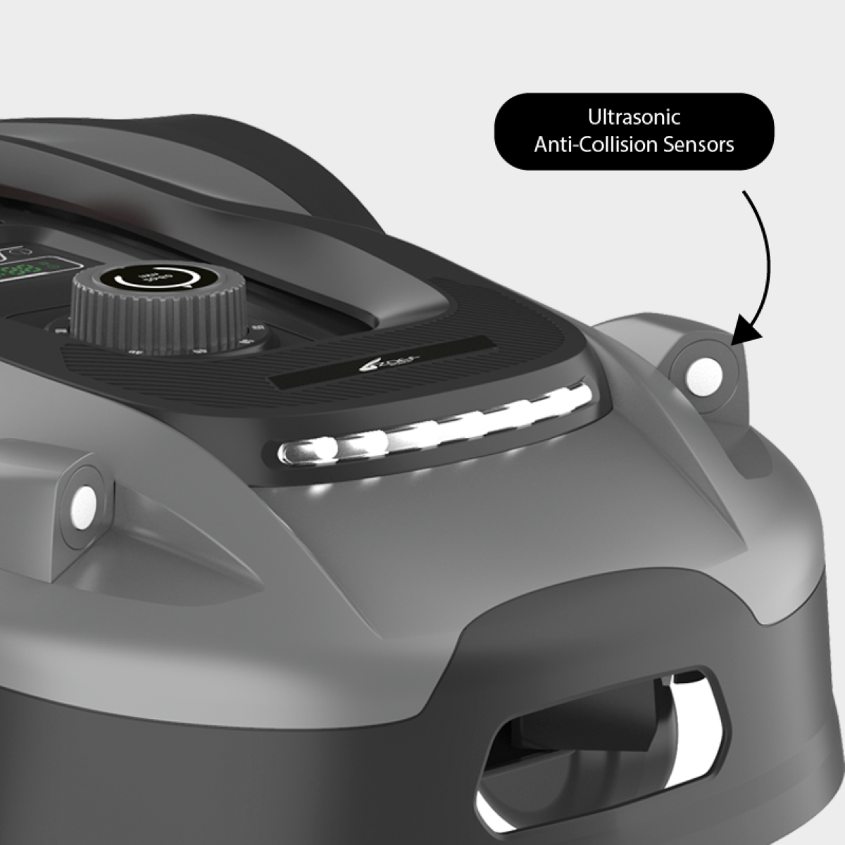 Een grijze robotgrasmaaier met ultrasone anti-botsingssensoren en LED-verlichting.