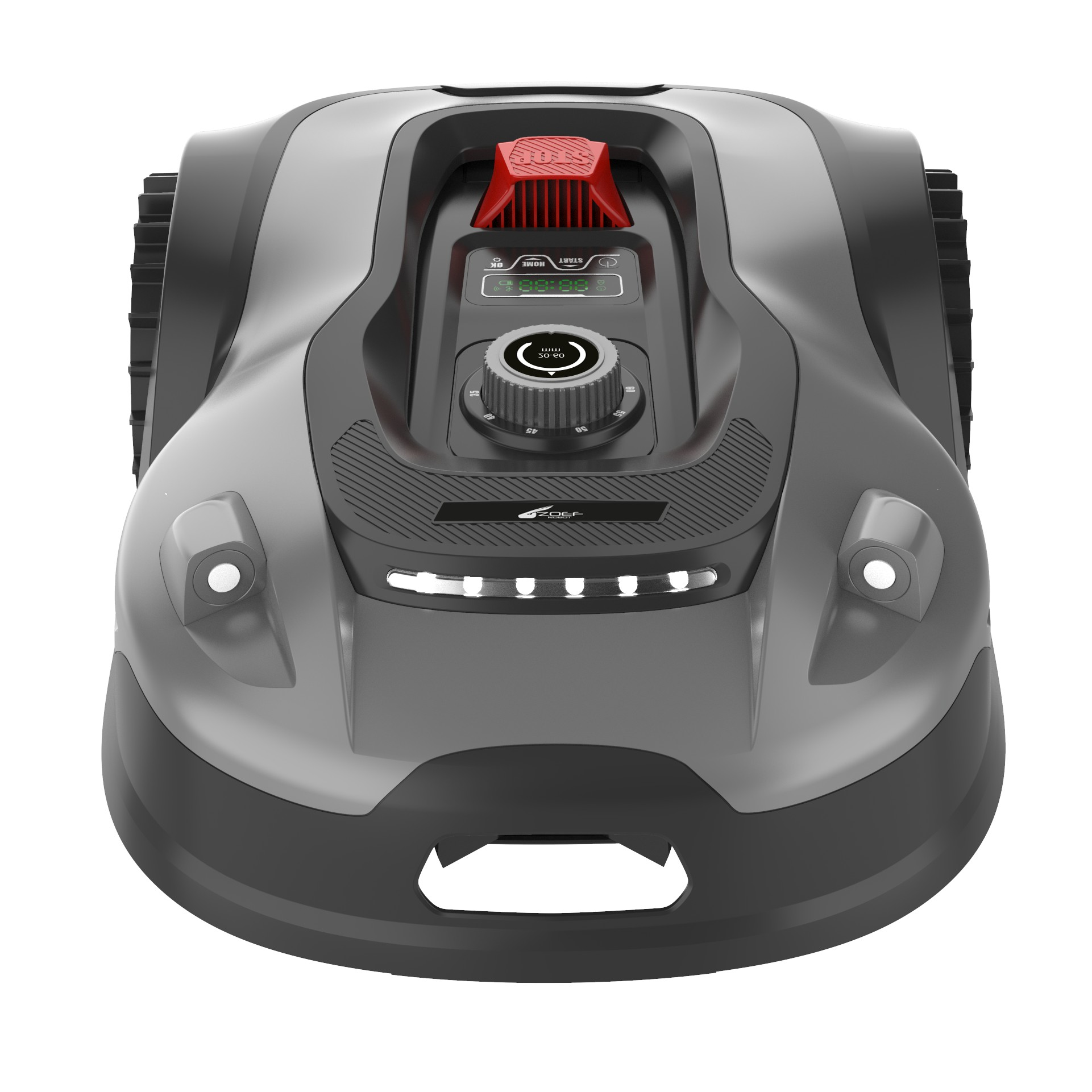 Een slanke, donkergrijze robotgrasmaaier met rode stopknop en digitaal display.
