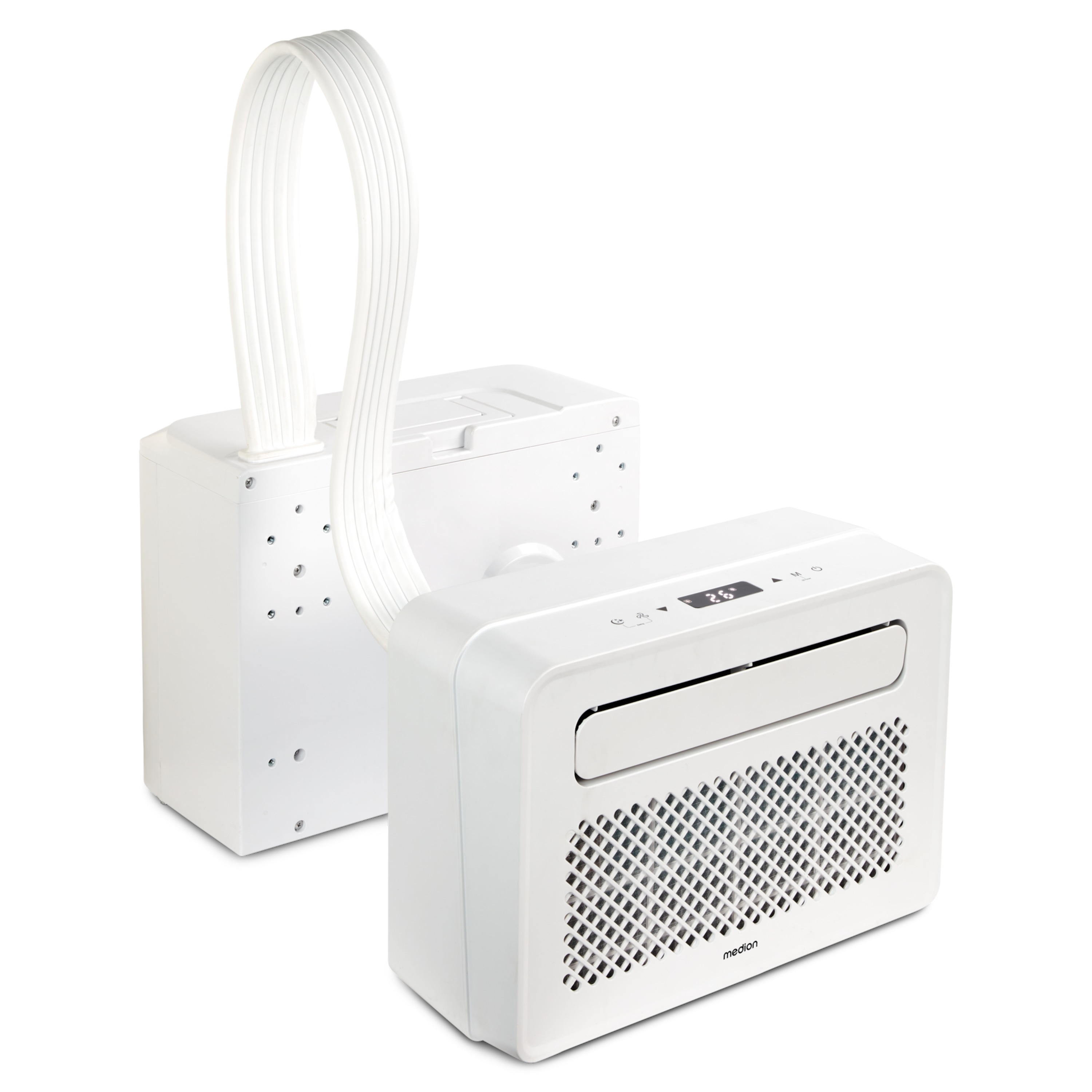 Dwa białe klimatyzatory połączone elastycznym wężem.