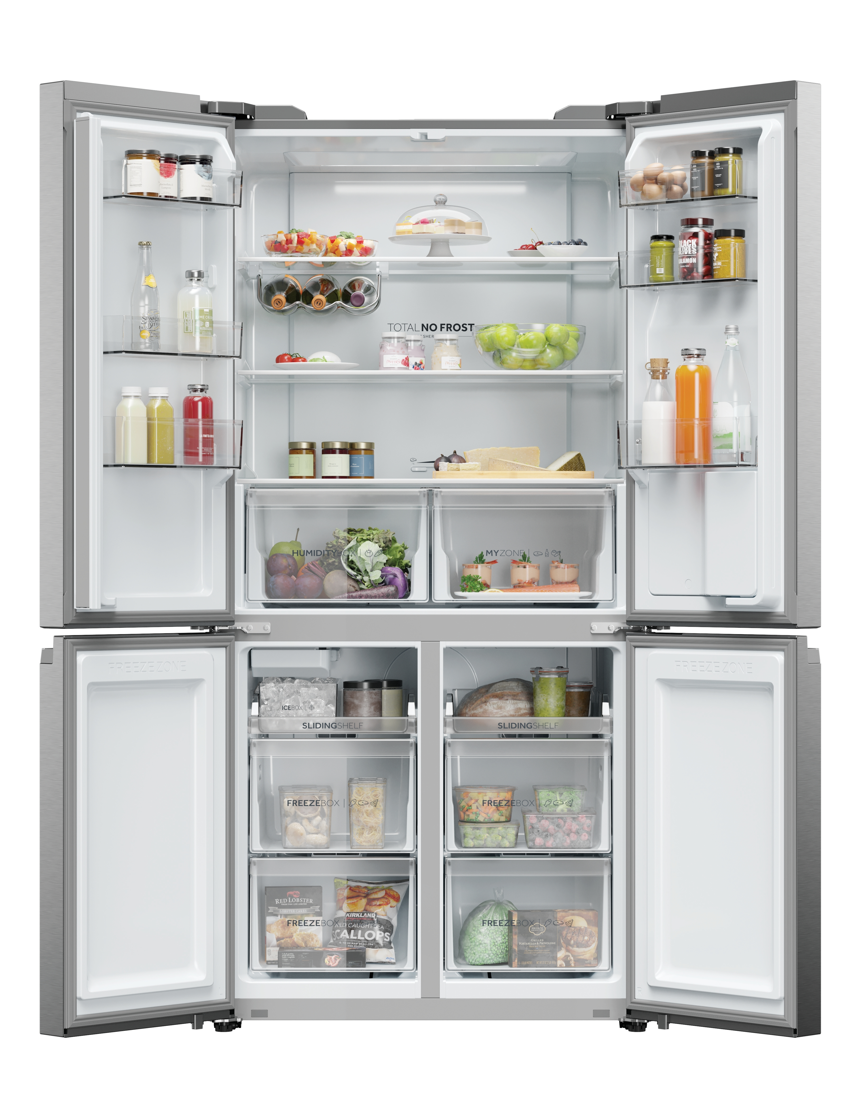 Un refrigerador abierto lleno de alimentos en estantes y cajones.