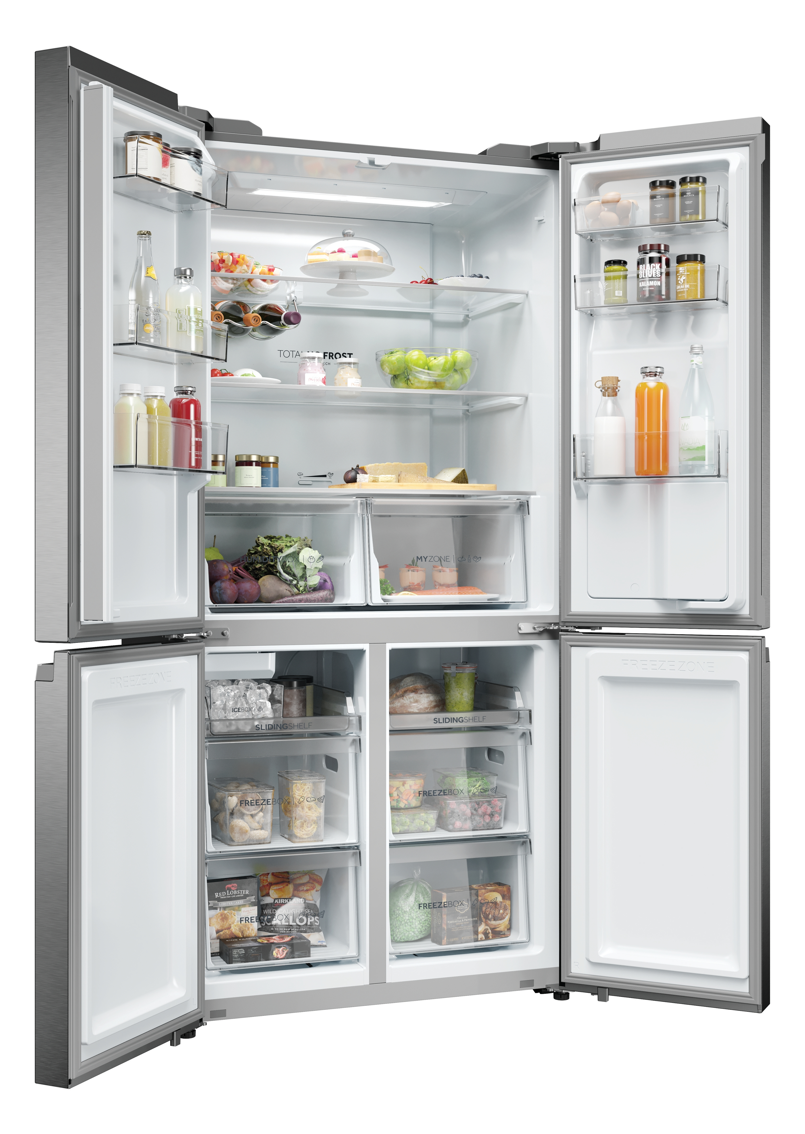 Un refrigerador abierto con comida en estantes y cajones.
