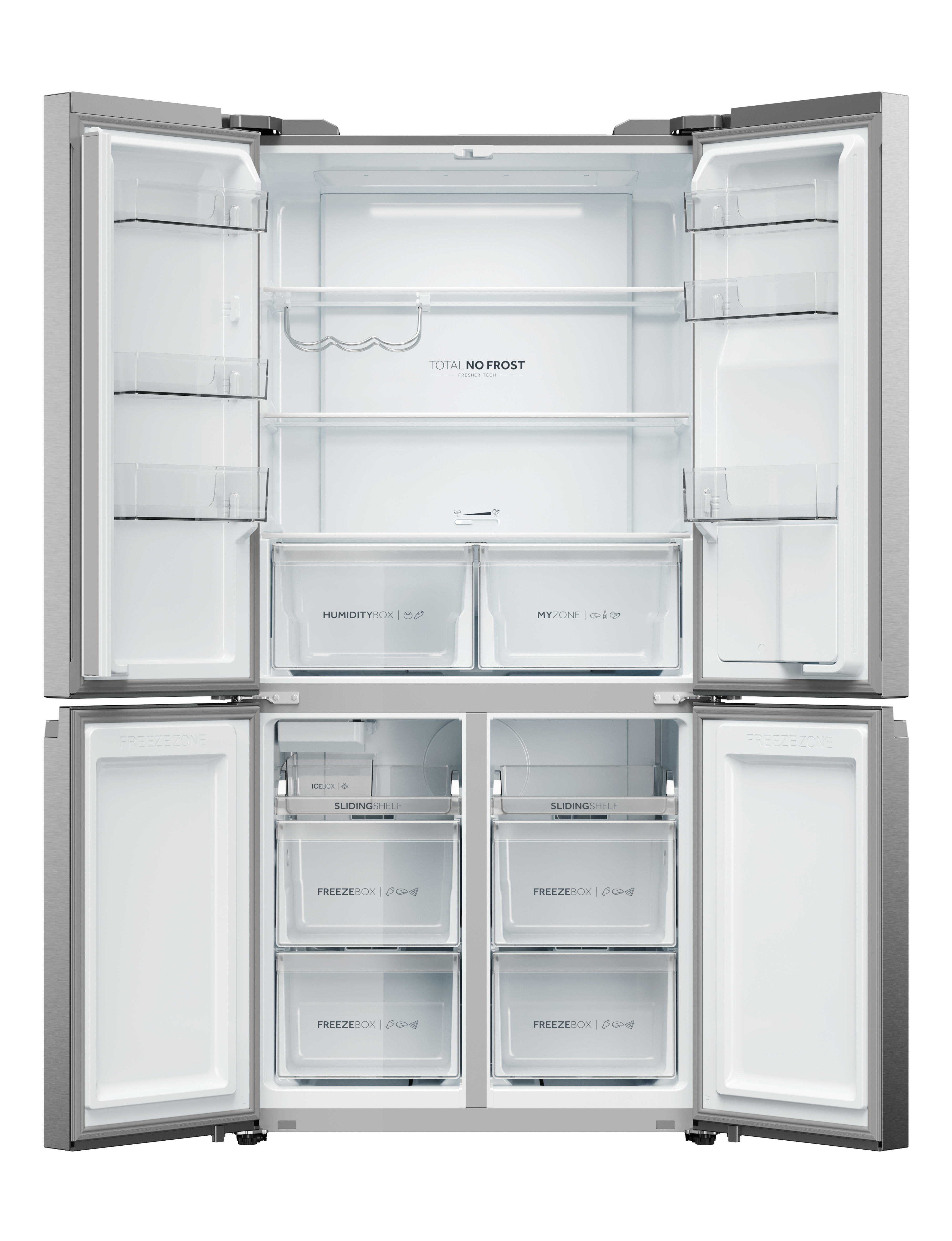 Un refrigerador abierto y vacío con varios compartimentos, cajones y estantes.