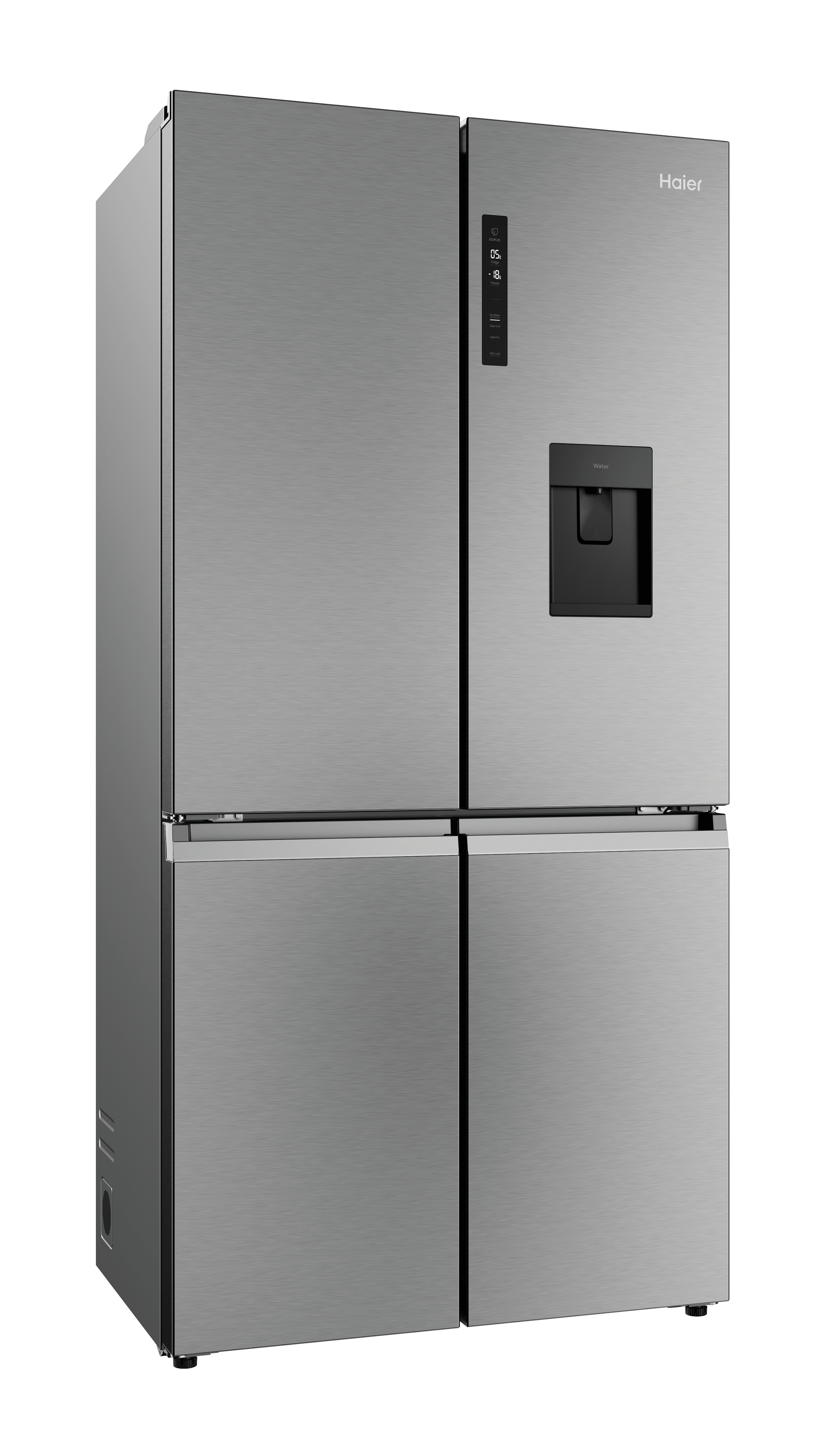Un refrigerador plateado Haier de cuatro puertas con dispensador de agua.