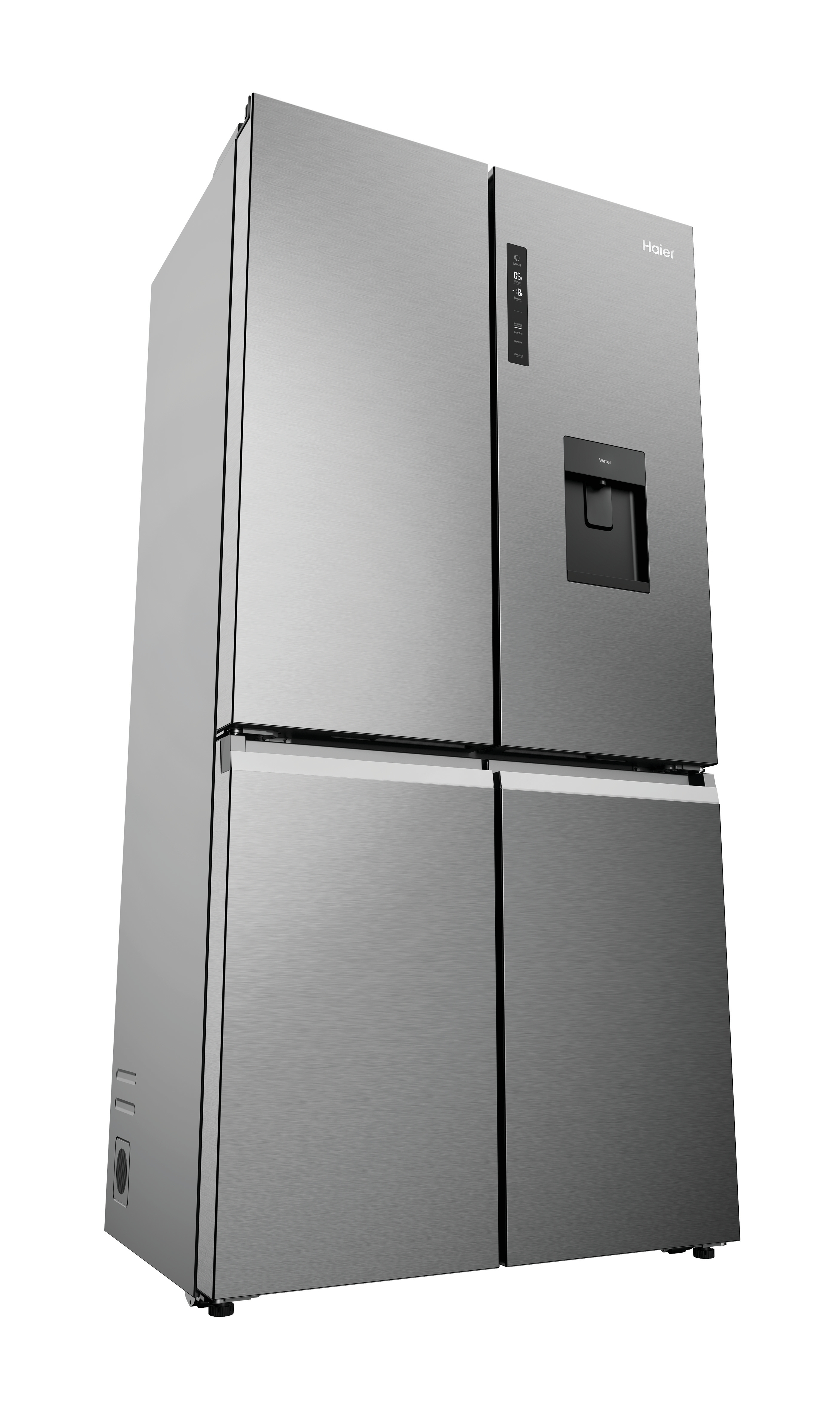 Un refrigerador plateado Haier de cuatro puertas con dispensador de agua.