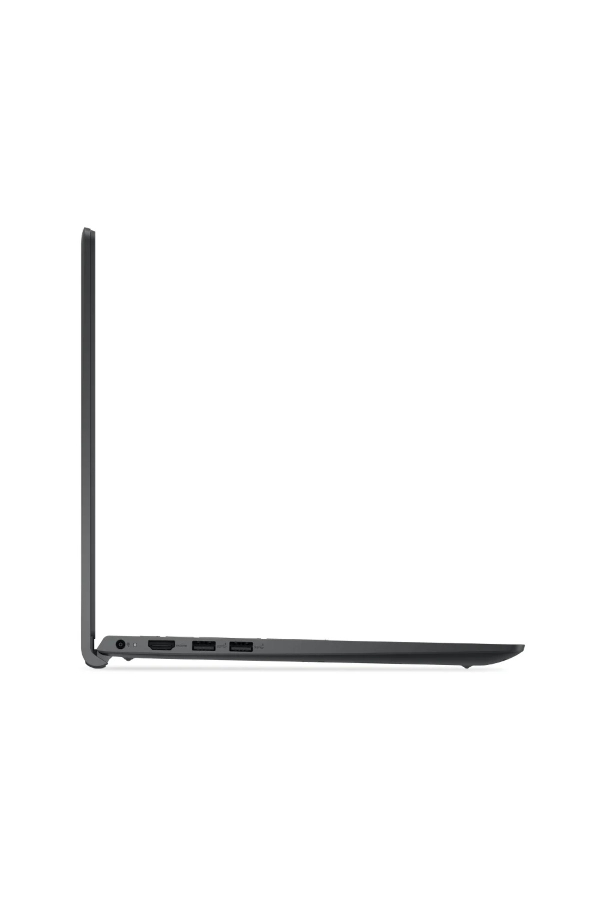 Koyu gri dizüstü bilgisayar, yan görünüm, HDMI ve USB bağlantı noktaları.