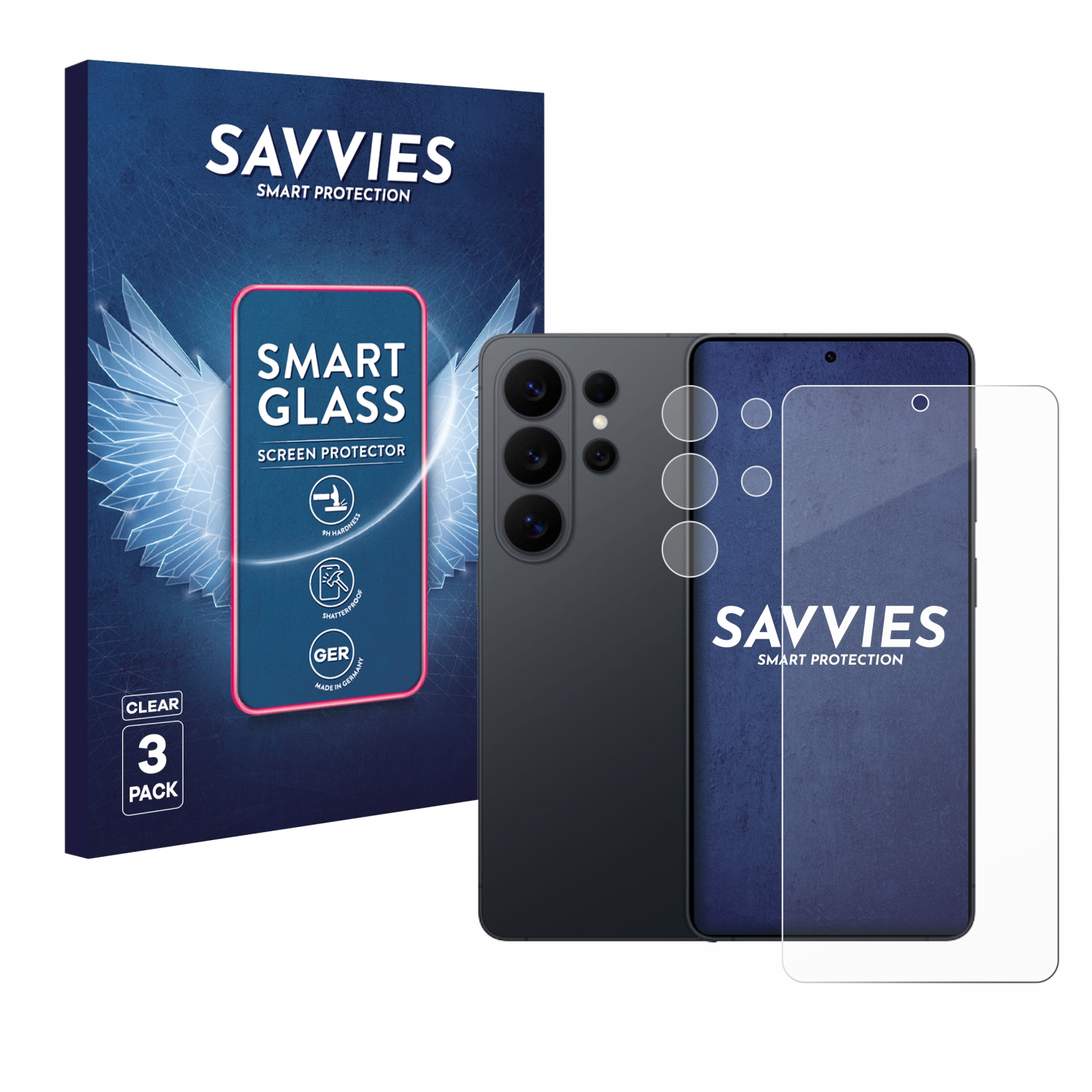 Verpackung für Displayschutzfolien mit Smartphone und Schutzfolie.