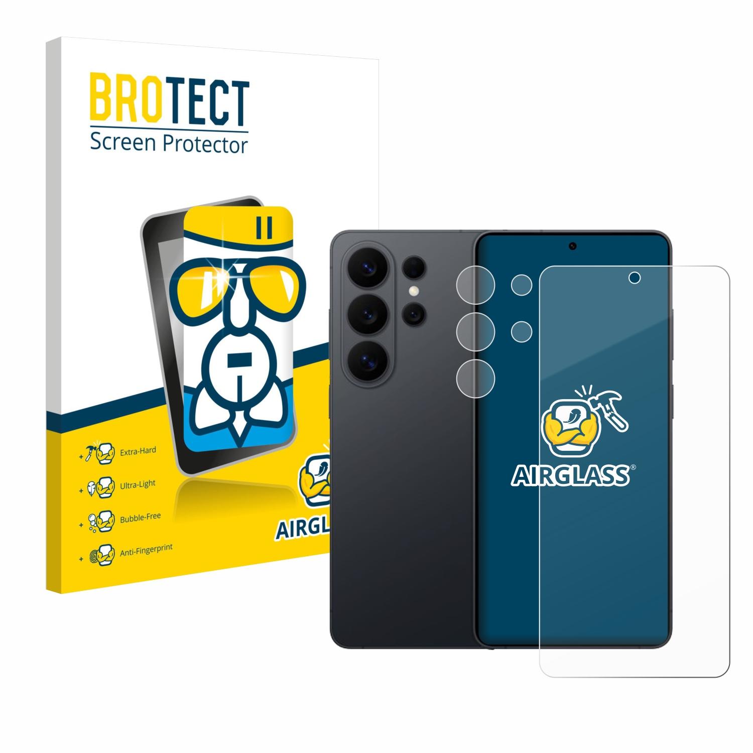 Ein schwarzes Smartphone mit drei Kameras, daneben eine Verpackung für einen Displayschutz.