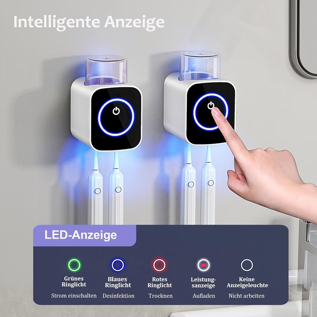 Dos soportes blancos para cepillos de dientes con luz LED azul. Una mano presiona el botón de encendido.