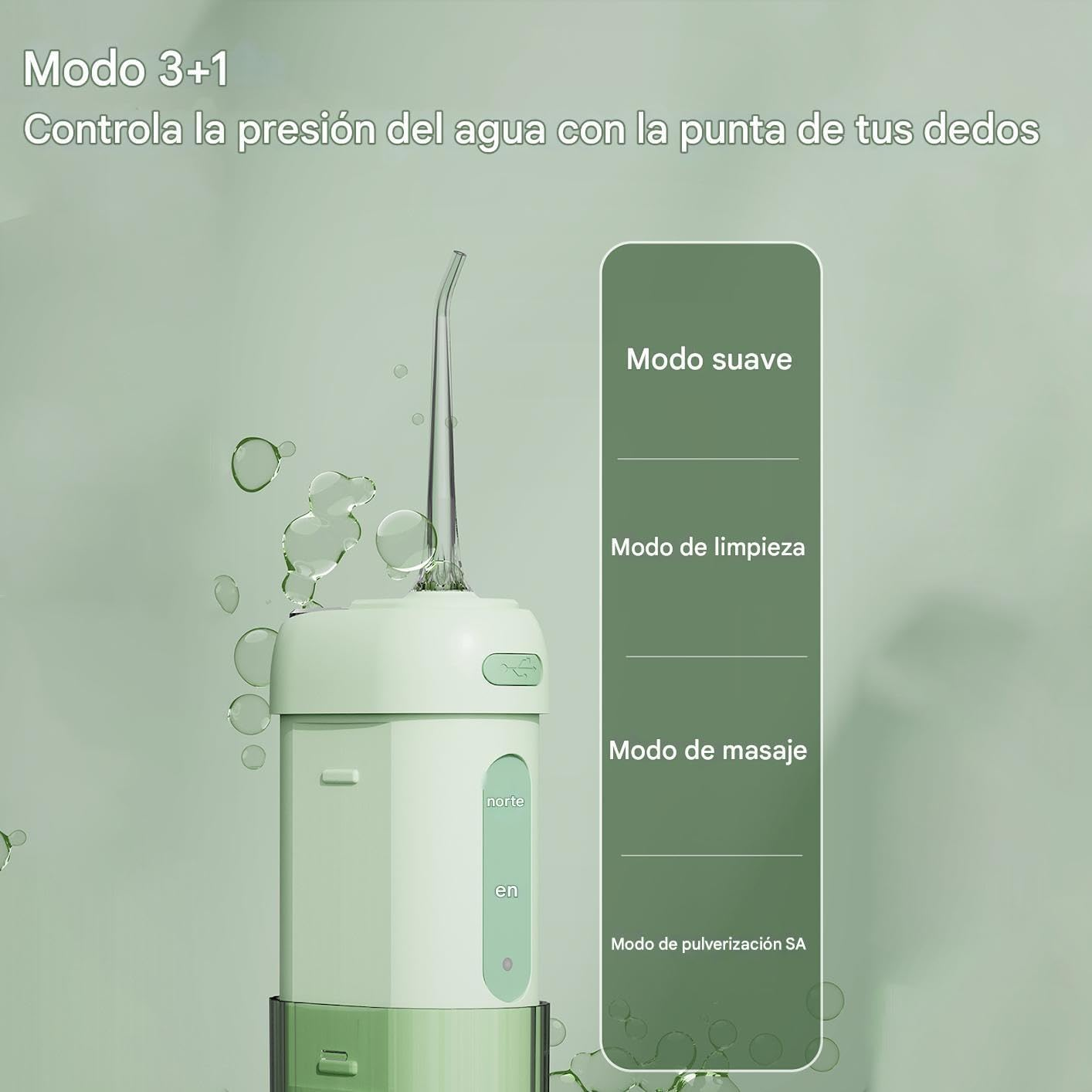 Un irrigador bucal blanco y verde con opciones de modo.