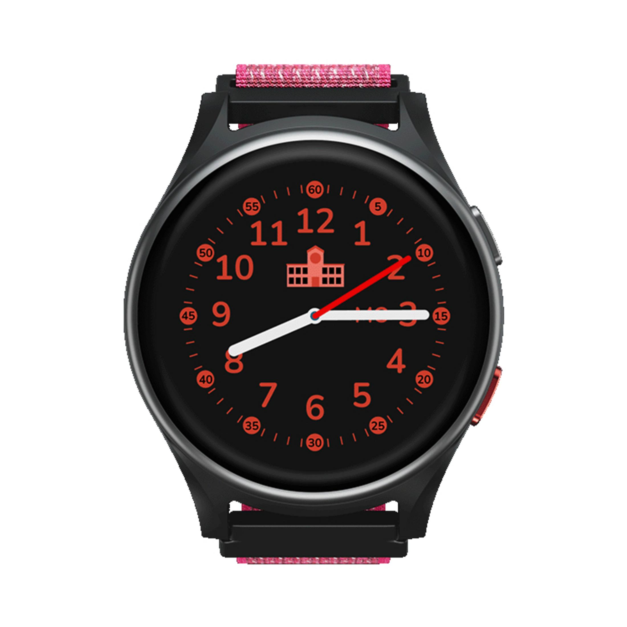Uno smartwatch nero con quadrante rosso, lancette bianche e cinturino rosa.