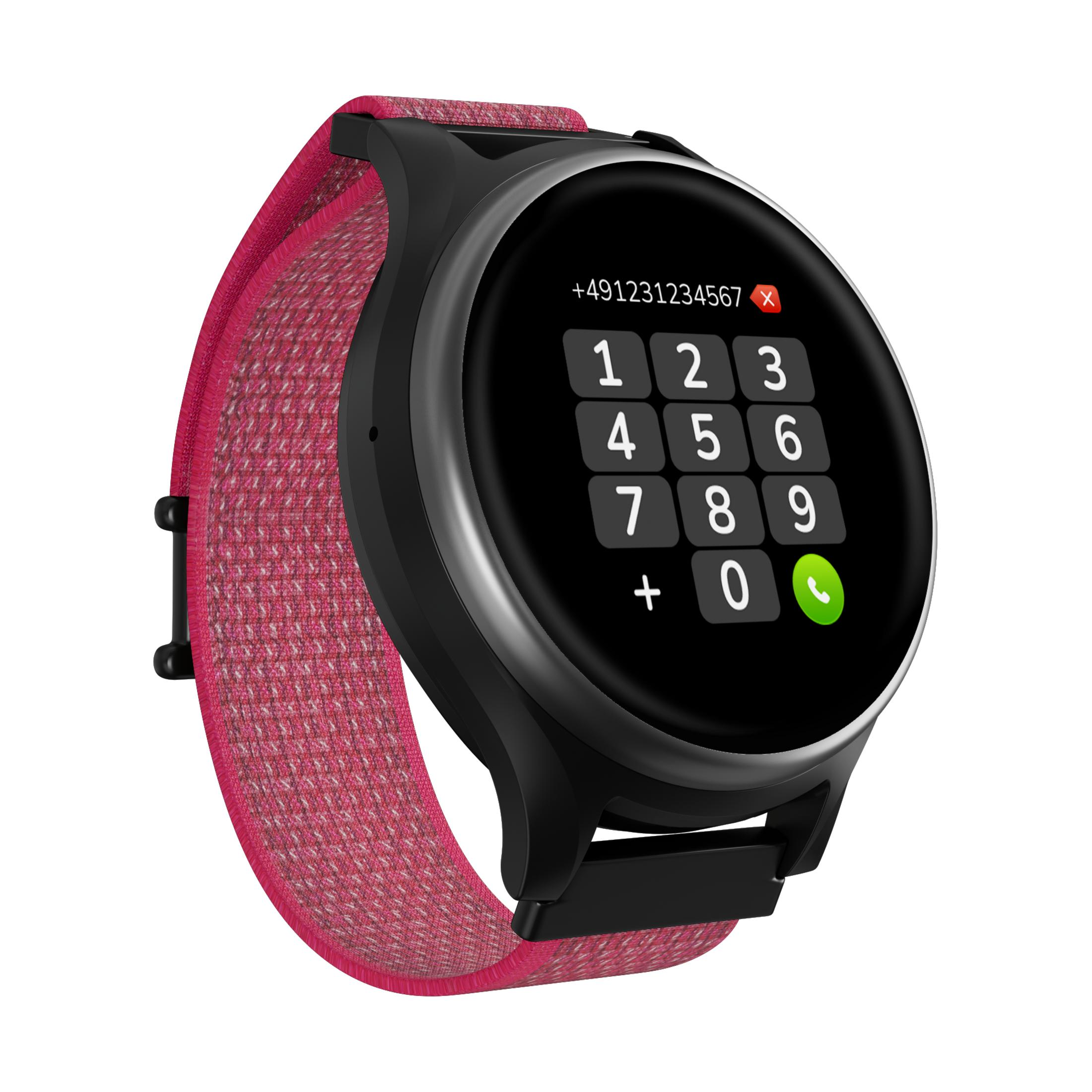 Uno smartwatch con cinturino rosa mostra un tastierino e un'icona del telefono.
