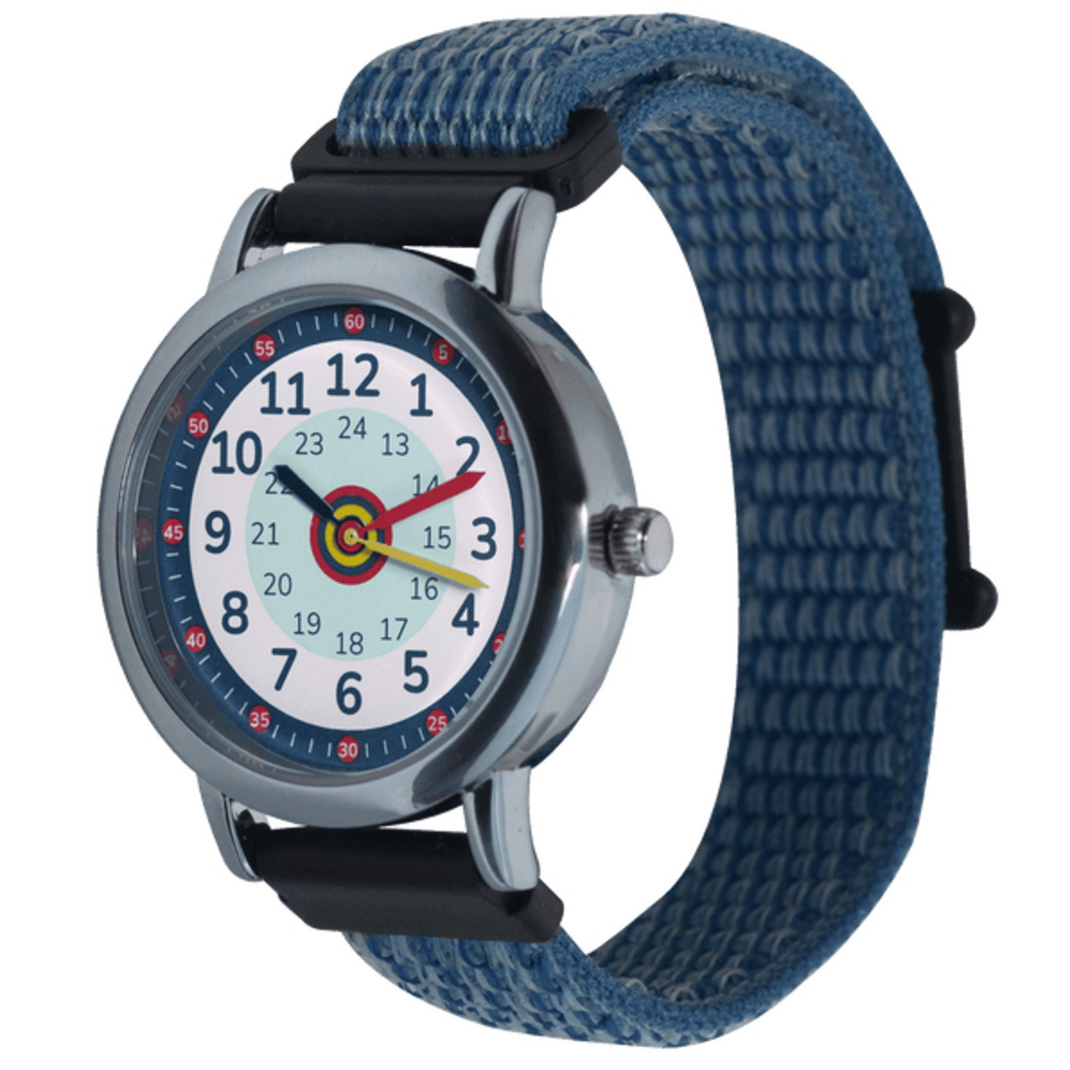 Un orologio da polso con cinturino in tessuto blu e quadrante bianco con motivo a bersaglio.