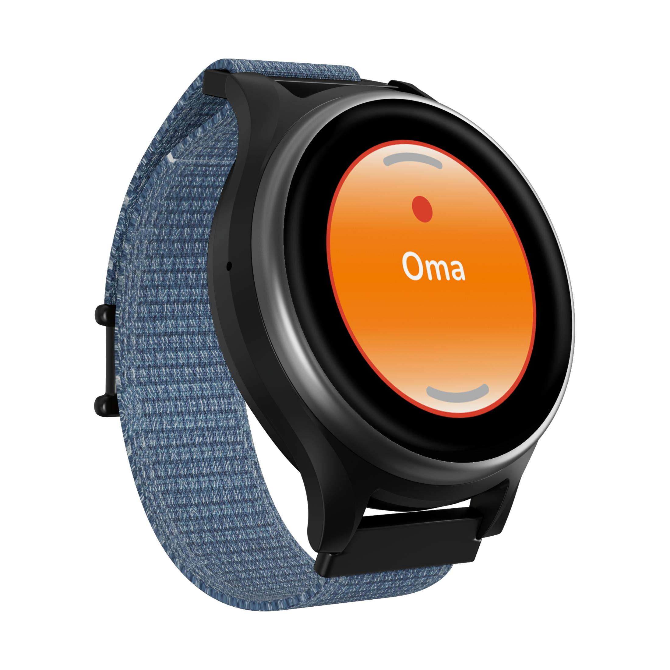 Uno smartwatch nero con cinturino in tessuto blu e schermo arancione con la scritta 'Oma'.