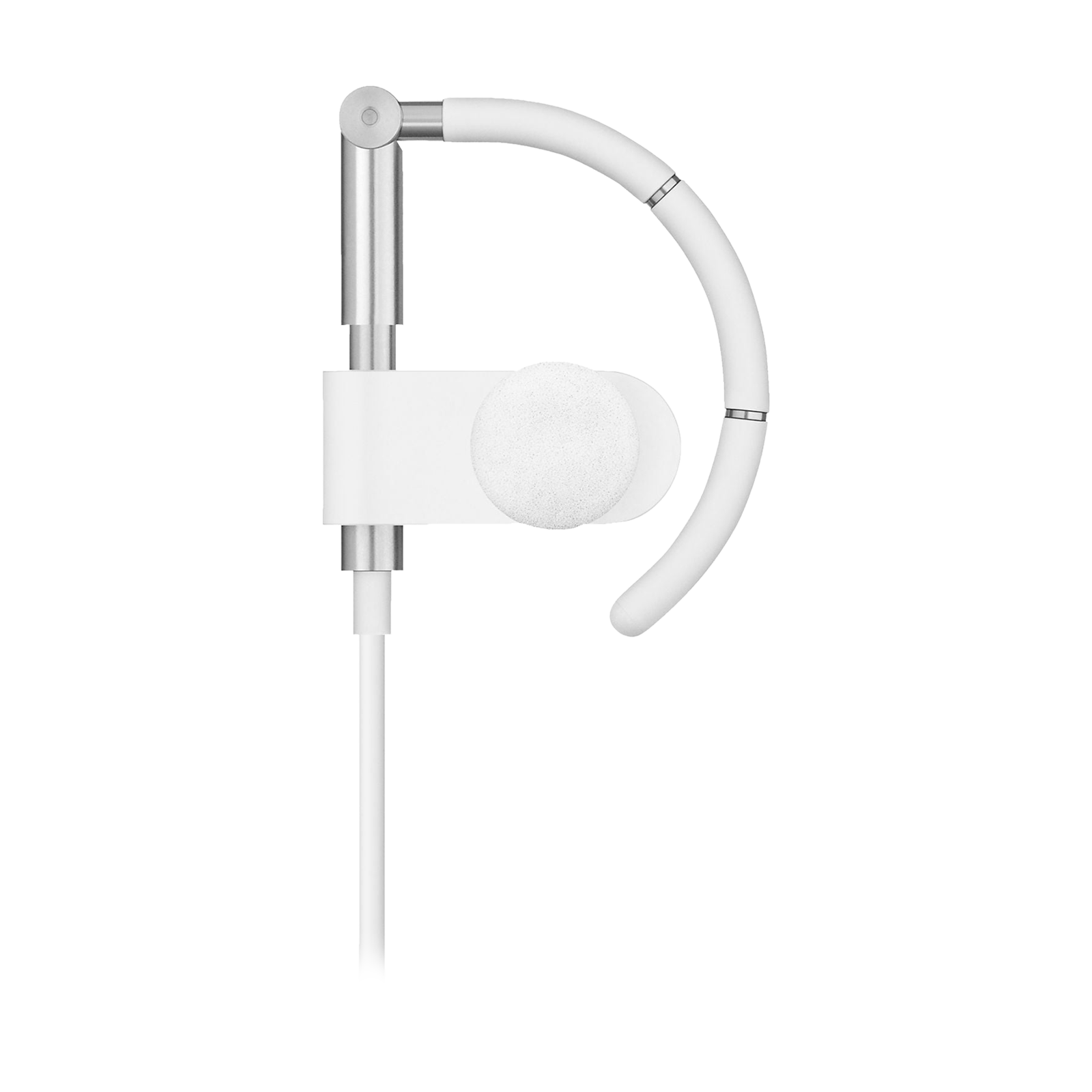 Ein weißer In-Ear-Kopfhörer mit silbernen Akzenten und Ohrbügel.