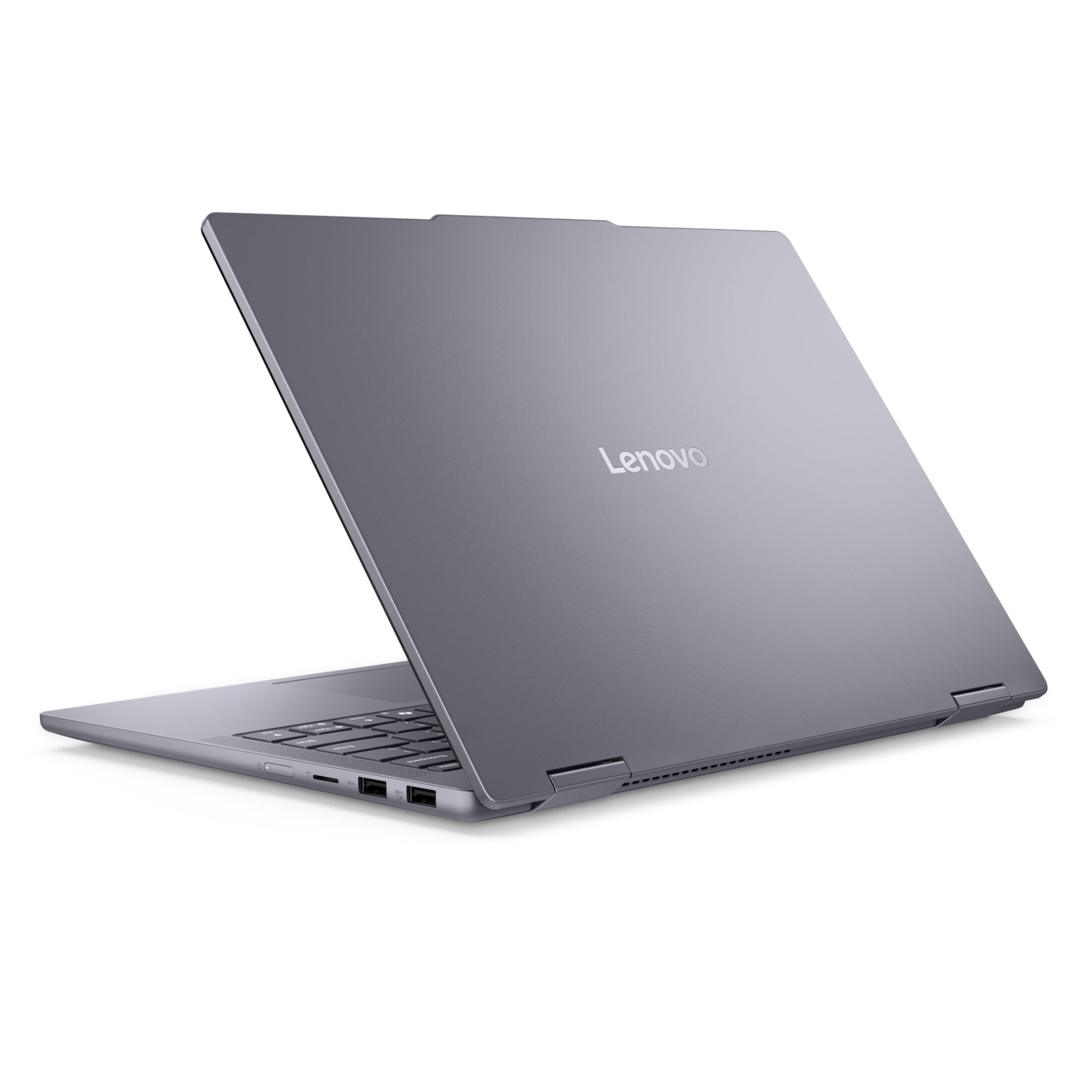 Gümüş logolu kapalı, gri Lenovo dizüstü bilgisayar, beyaz arka plan üzerinde.