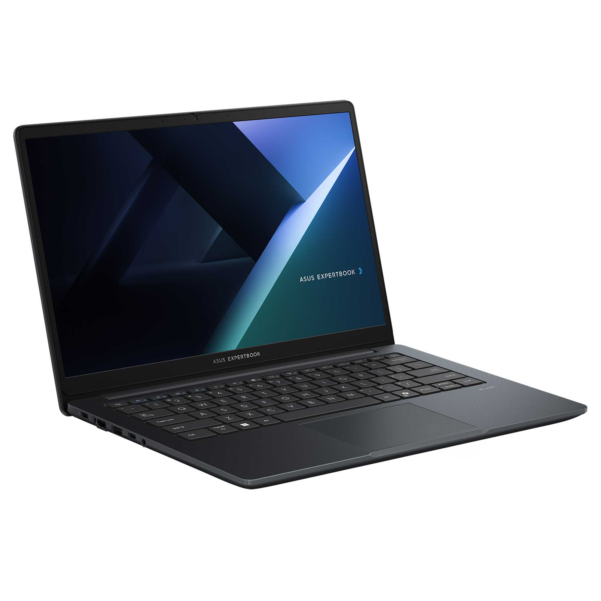 Koyu renkli Asus ExpertBook dizüstü bilgisayar beyaz zeminde açıktır.