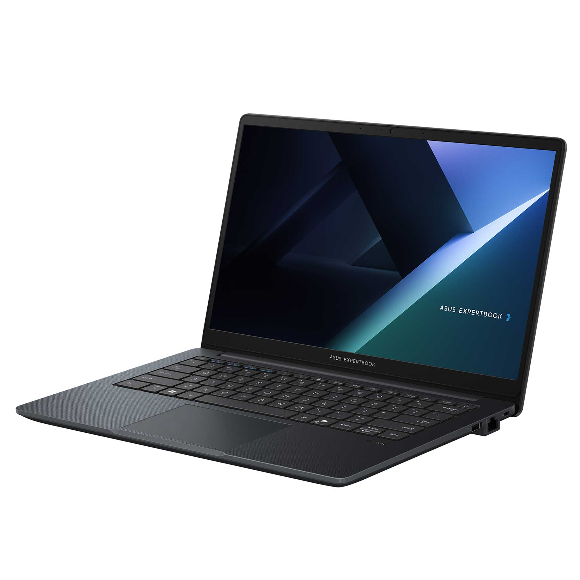 Ekranında geometrik duvar kağıdı olan açık, koyu gri Asus ExpertBook dizüstü bilgisayar.