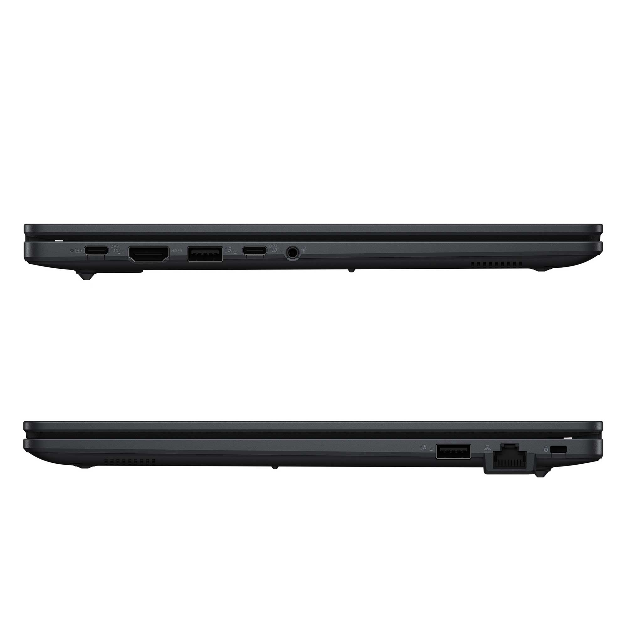 Üst: USB-C, HDMI, USB-A dahil dizüstü bilgisayar bağlantı noktaları. Alt: USB-A, Ethernet dahil dizüstü bilgisayar bağlantı noktaları.