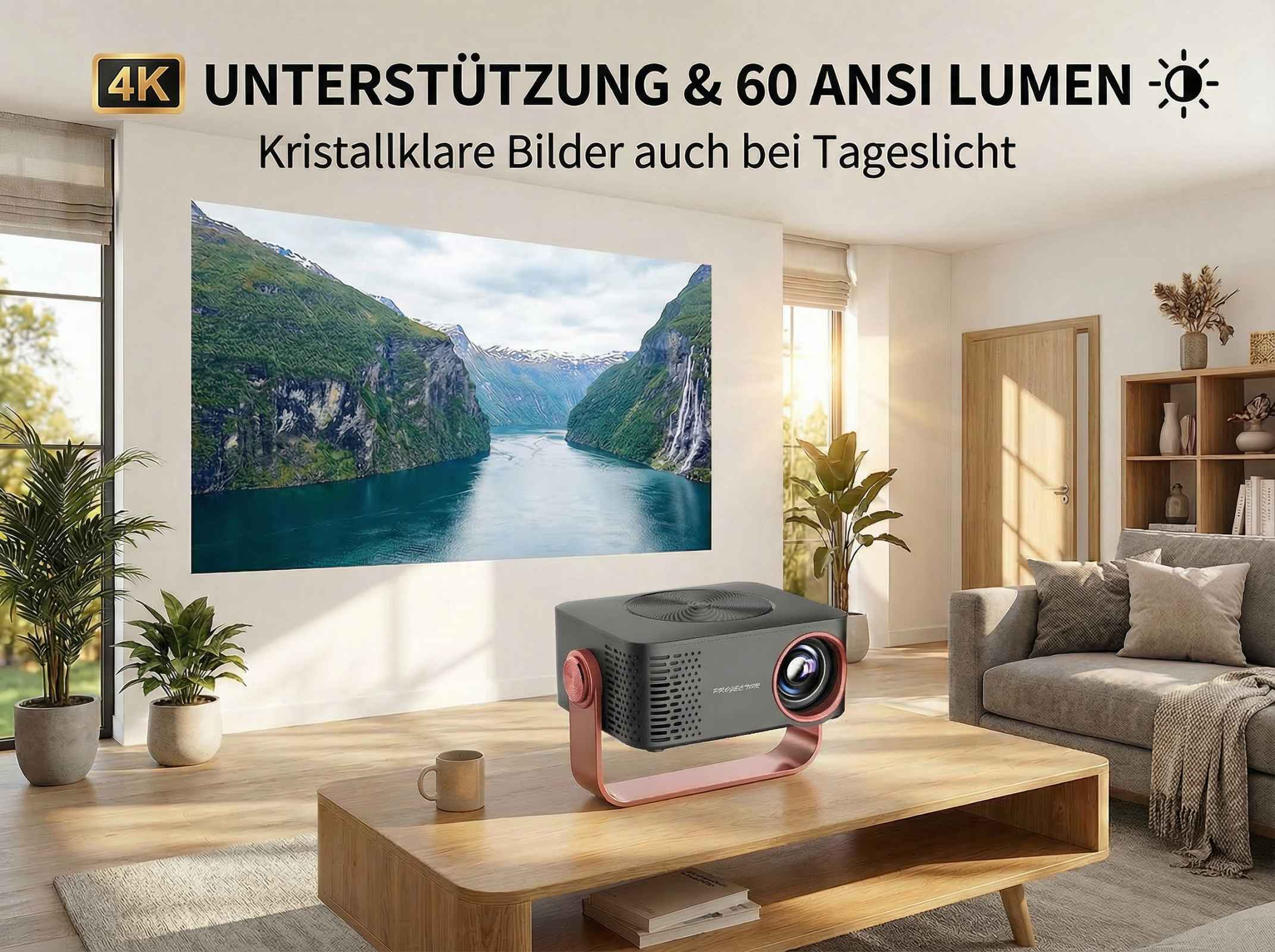 Ein Projektor in einem Wohnzimmer projiziert ein Bild von Fjorden.
