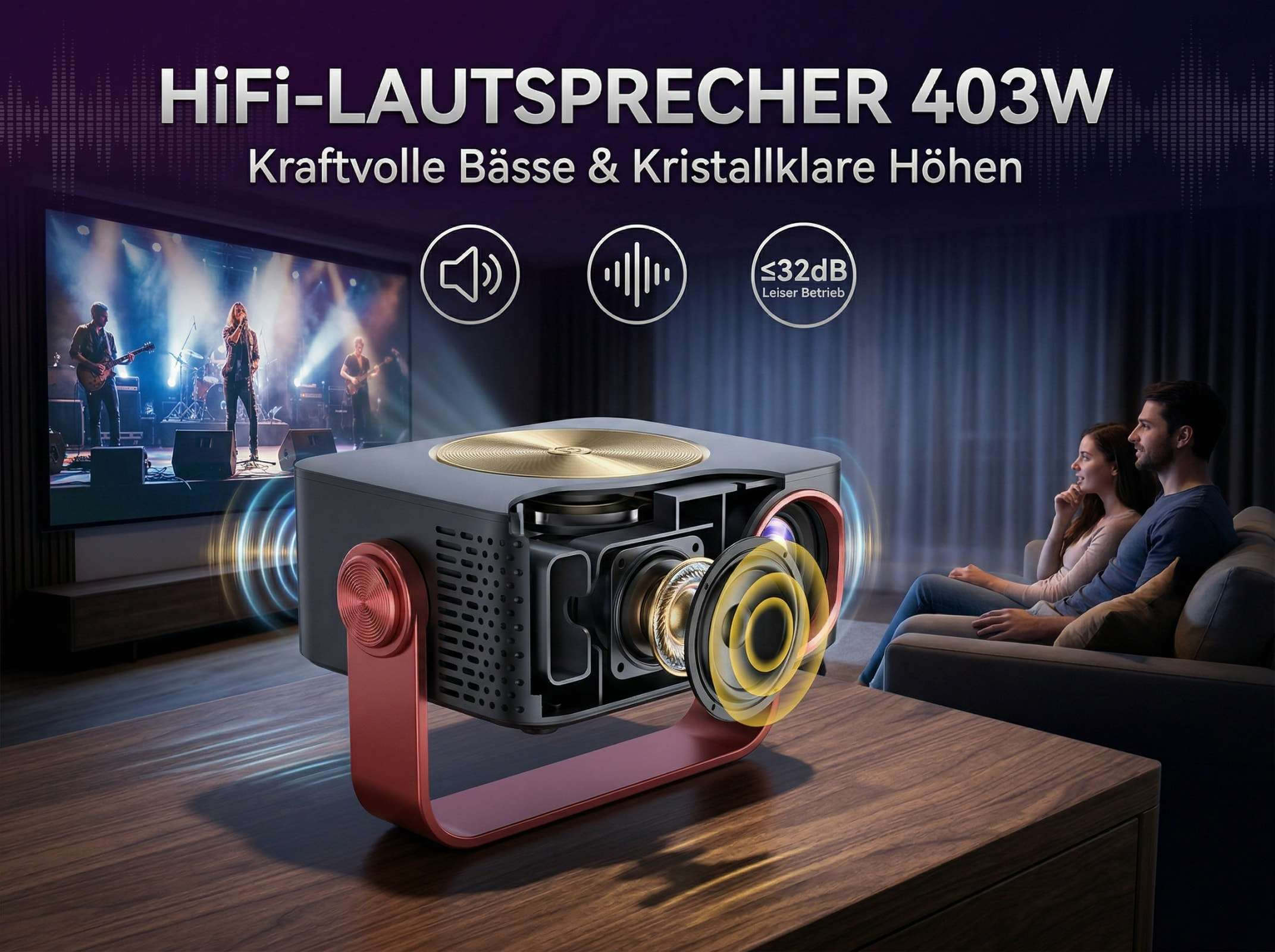 Projektor mit freigelegtem Lautsprecher, zeigt Band auf Leinwand und ein Paar auf Sofa.