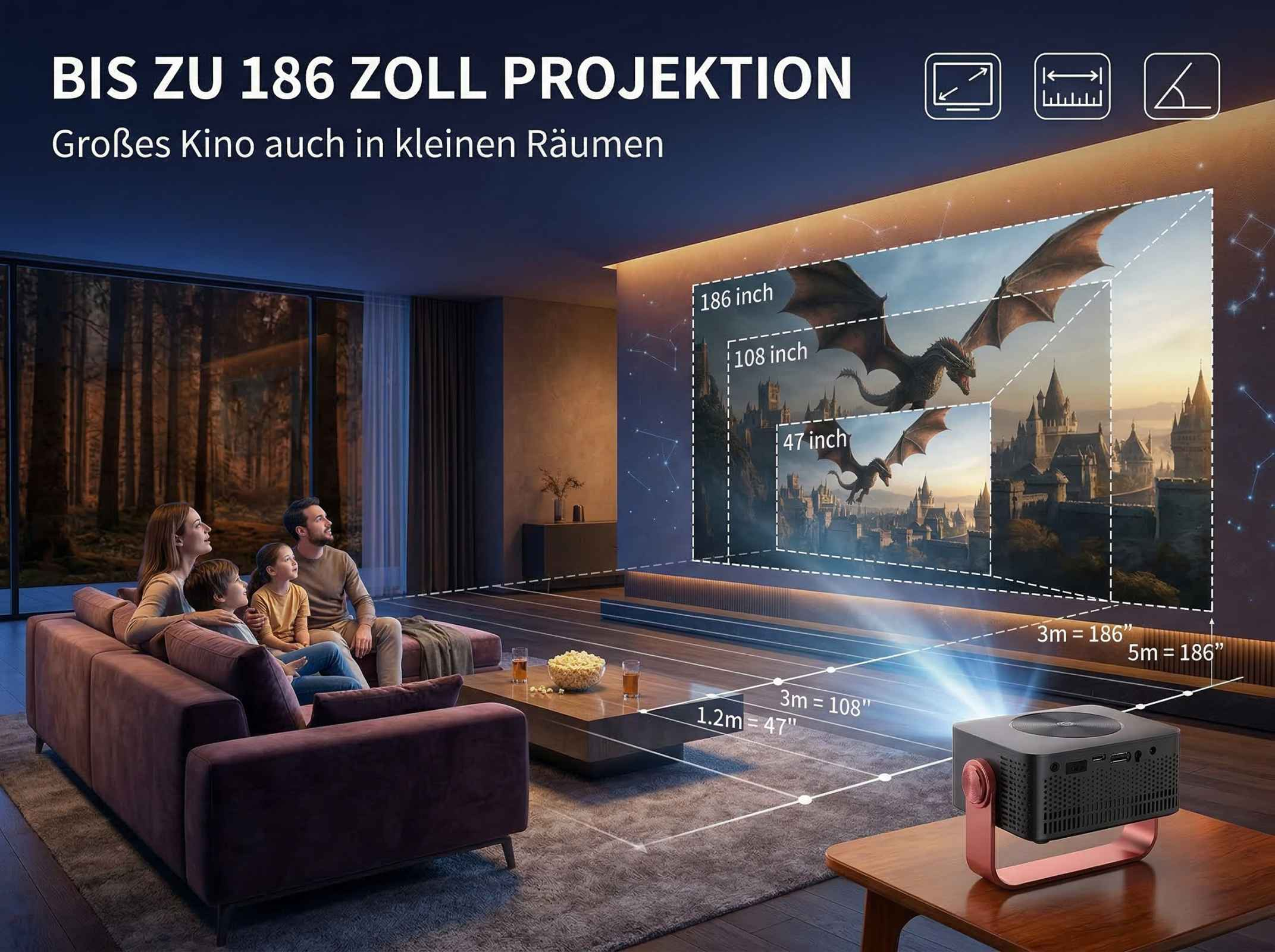 Familie schaut auf Leinwand mit Drachen, Projektor daneben. Bis 186 Zoll.