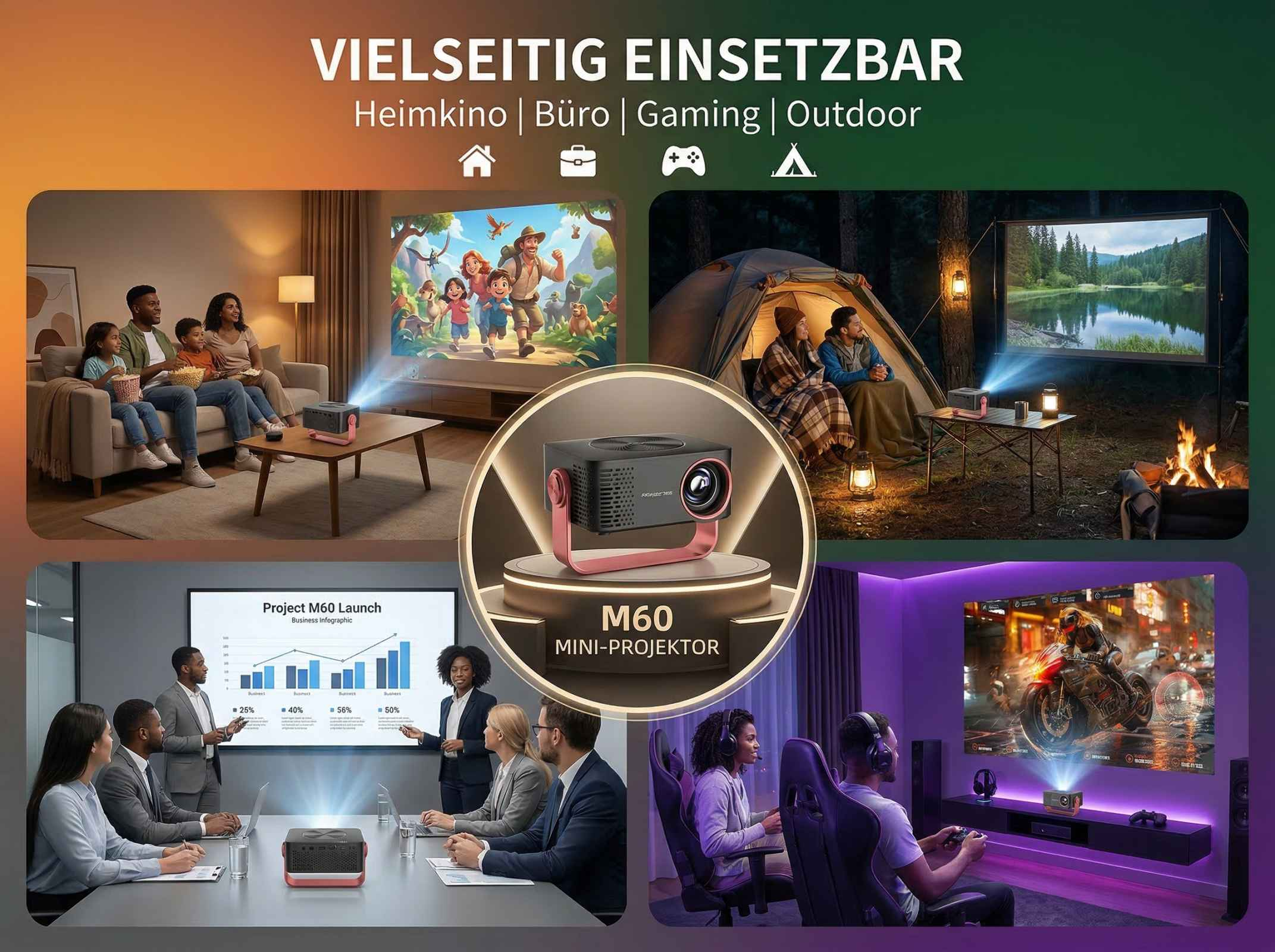 Ein Mini-Projektor wird in verschiedenen Szenarien gezeigt: Familie, Camping, Büro und Gaming.