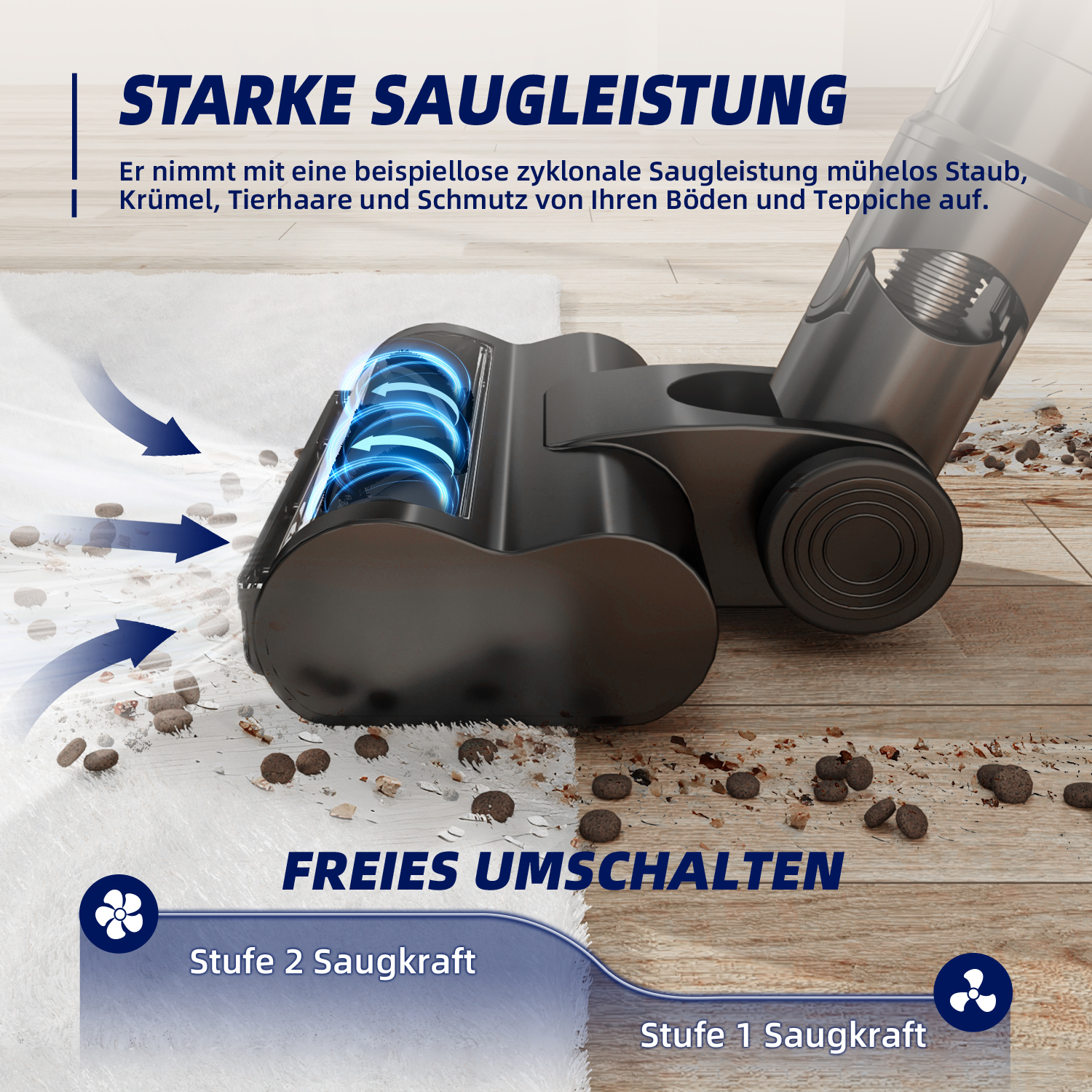 Staubsauger saugt Schmutz von Teppich und Holzboden auf.