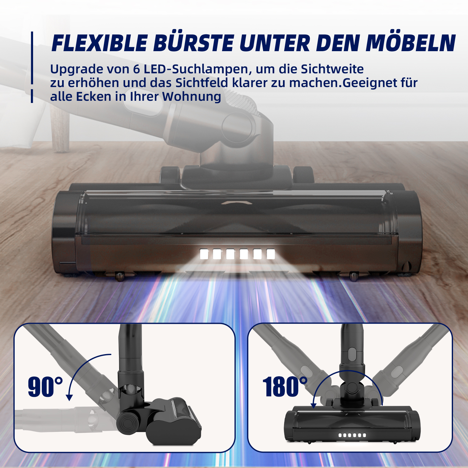 Flexible Bürste mit 6 LEDs für Möbel. Zeigt 90° und 180° Flexibilität.