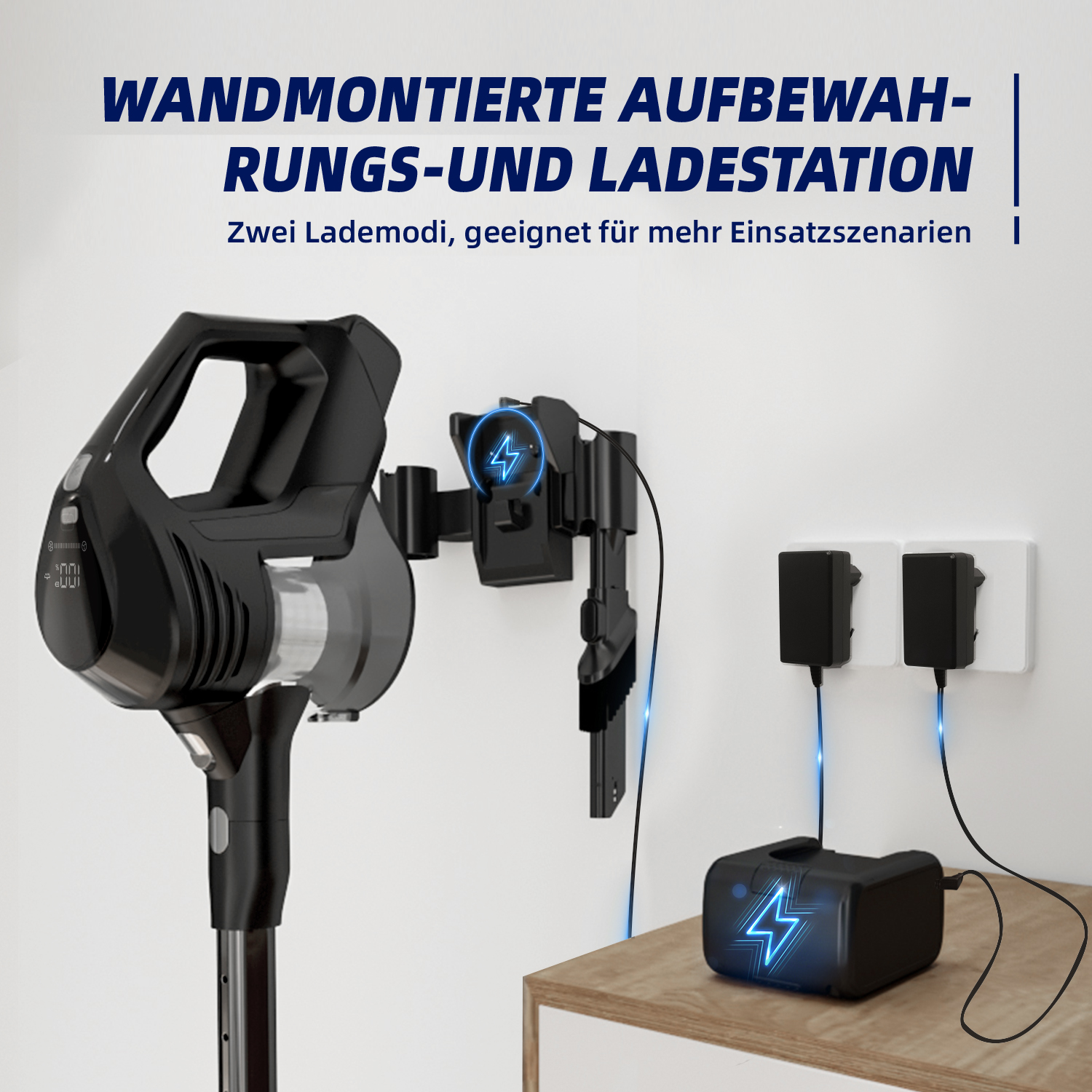Schwarzer Akku-Staubsauger mit Wandladestation und zwei Ladeadaptern.