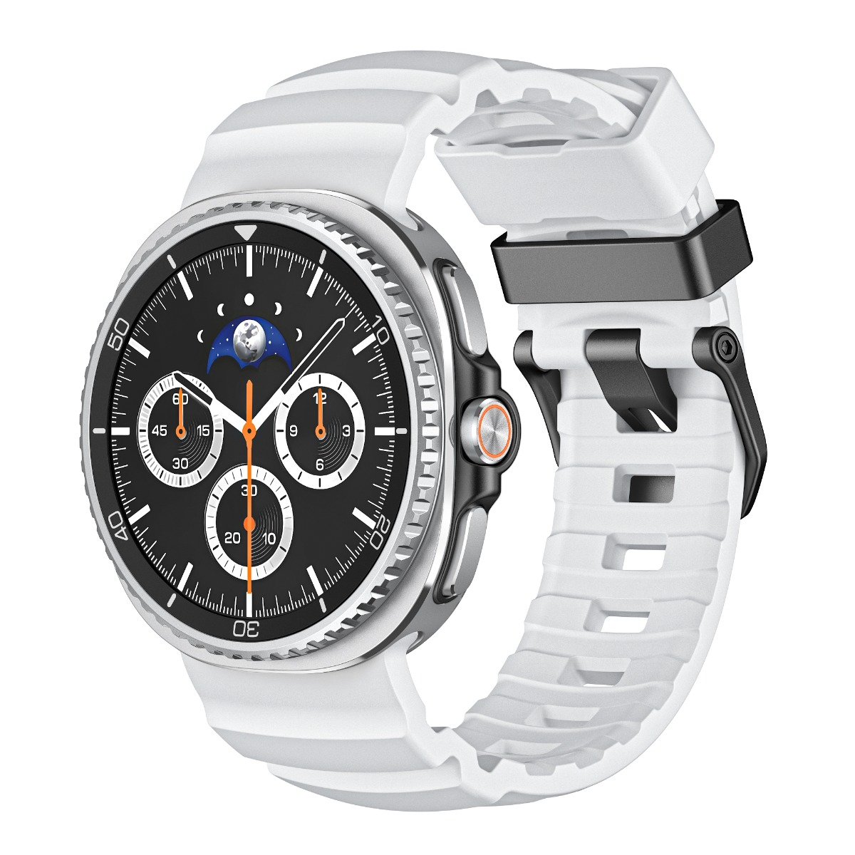 Eine weiße Smartwatch mit schwarzem Zifferblatt, silbernem Ring und orangefarbenen Akzenten.