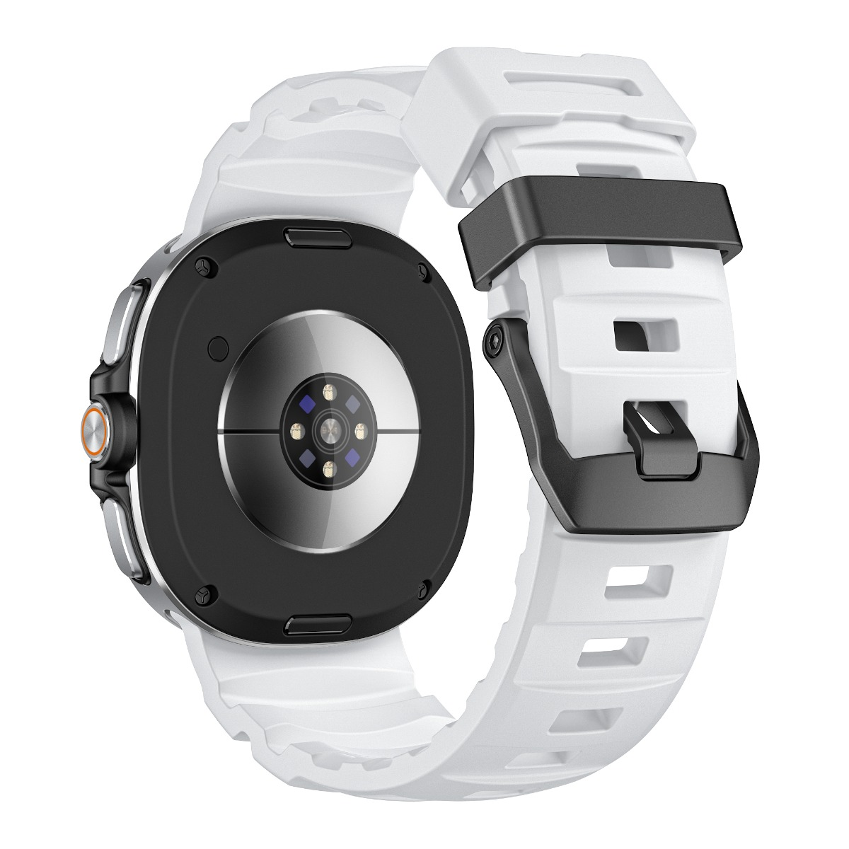 Rückseite einer weißen Smartwatch mit schwarzen Schnallen und Sensoren.