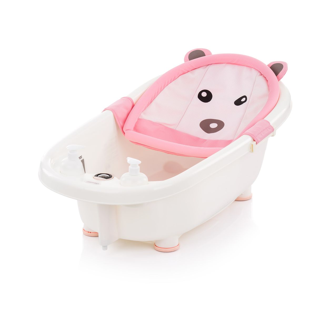 Ein rosa Bären-Babybadewanne mit Seifenspendern und einem waschbaren Einsatz.