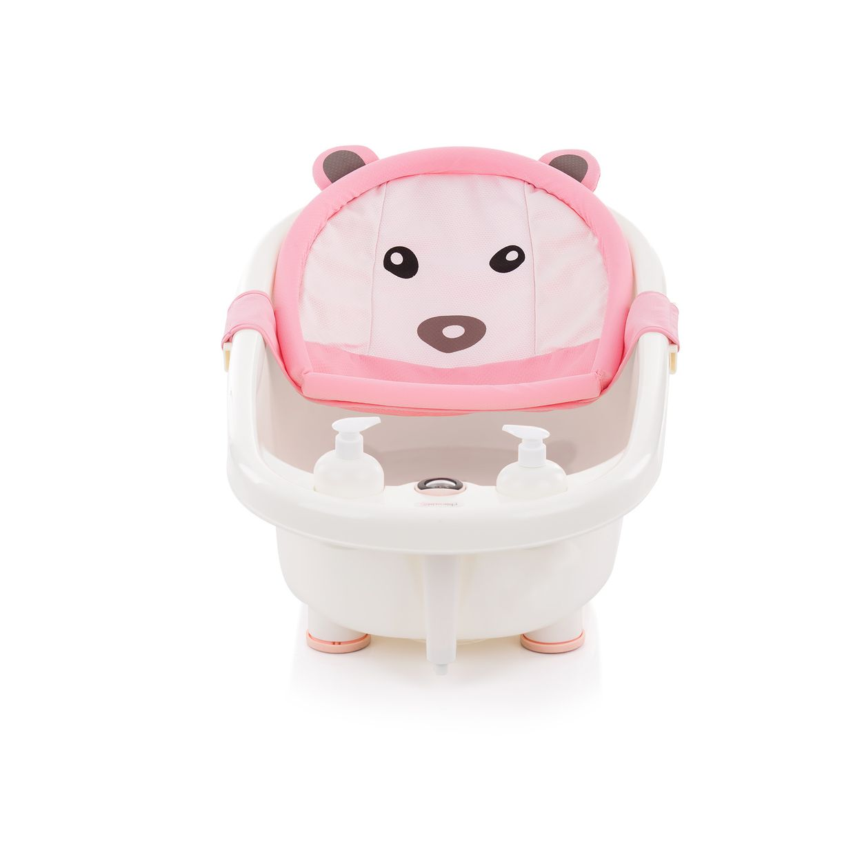 Ein rosa Bären-Babybadewanne mit zwei Seifenspendern.