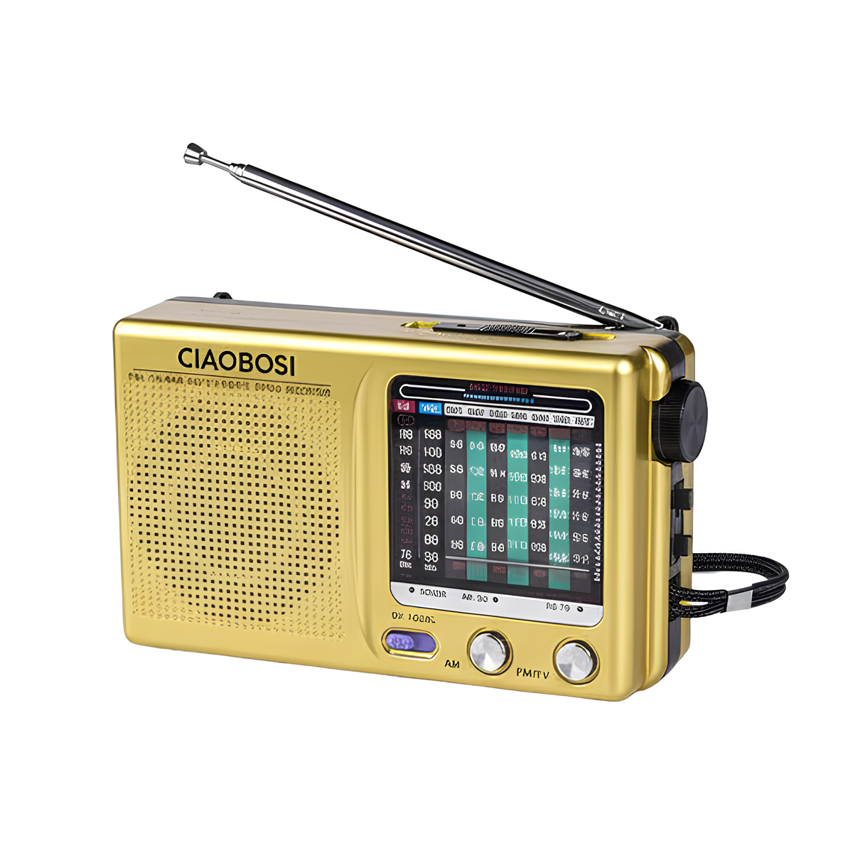 Ein goldenes Radio mit ausgefahrenem Antennenstab und Bedienknöpfen.