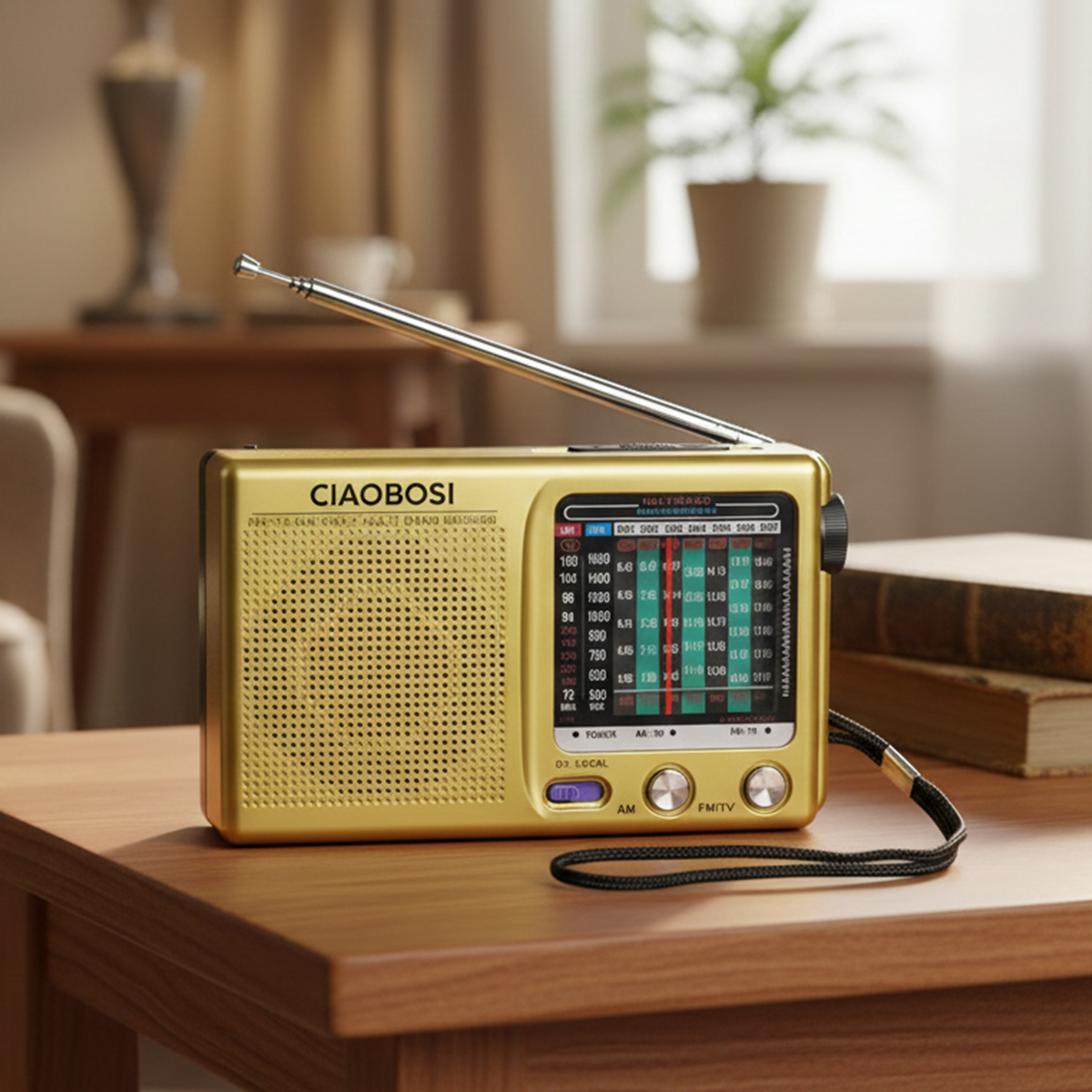Goldener Retro-Radio mit ausziehbarer Antenne auf einem Holztisch.