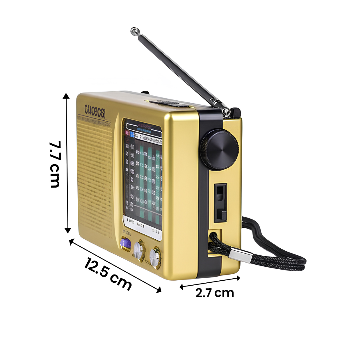 Goldener Radio-Lautsprecher mit Antenne und Maßangaben (7,7 cm, 12,5 cm, 2,7 cm).