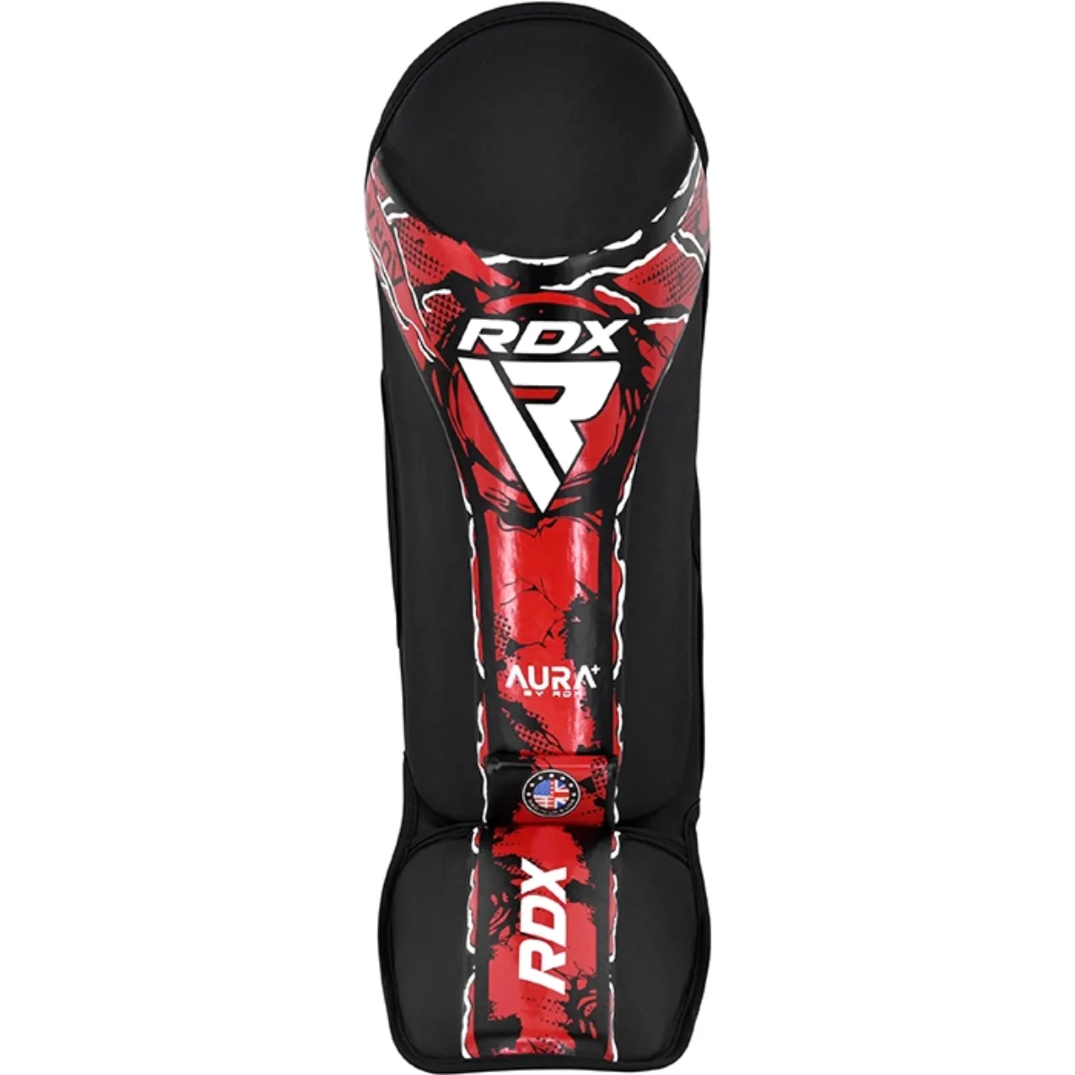 Schwarzer Schienbeinschoner mit rotem RDX-Logo und Flammenmuster.