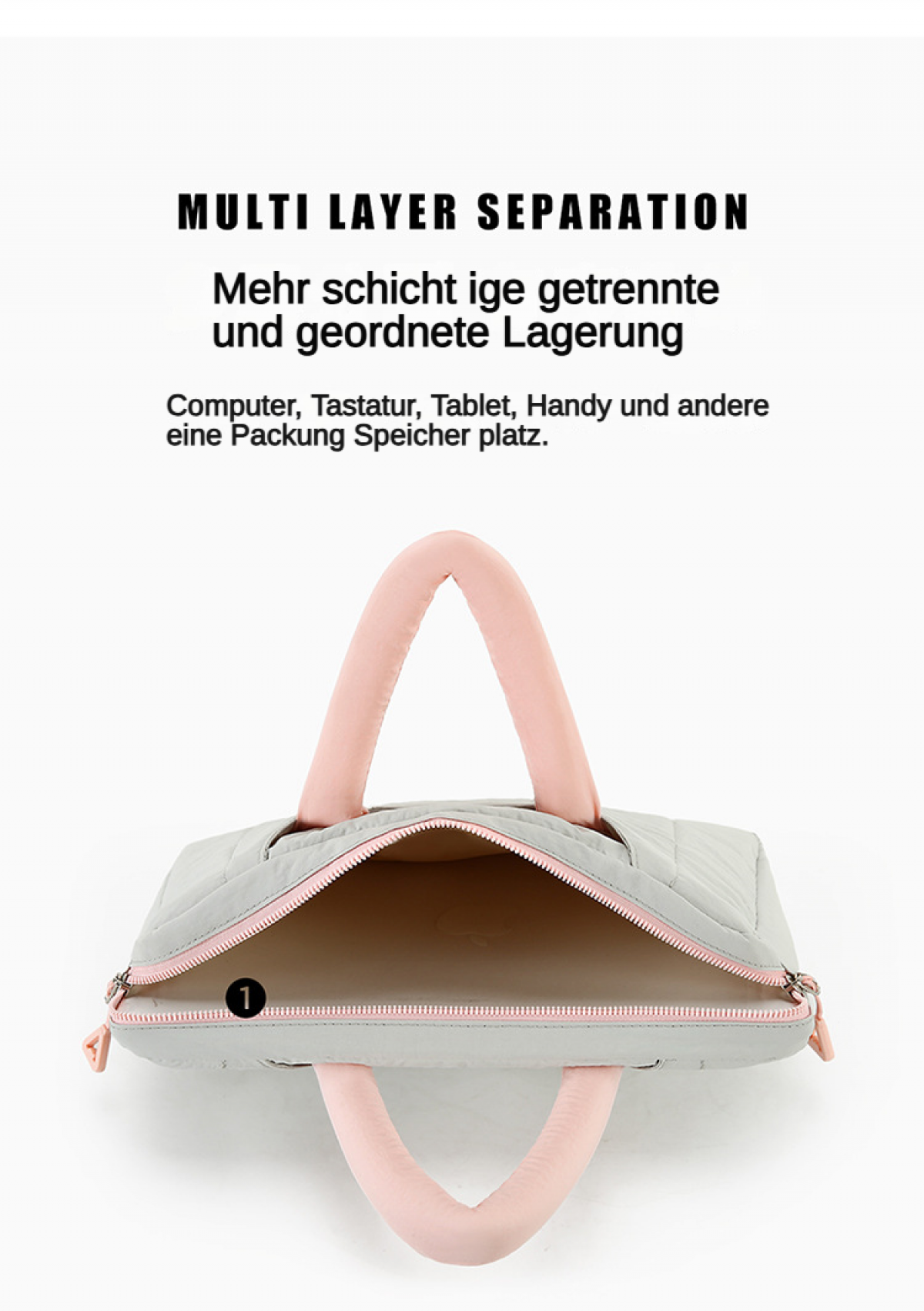 Graue Laptoptasche mit rosa Griffen, offen, mit Fachanzeige 1.