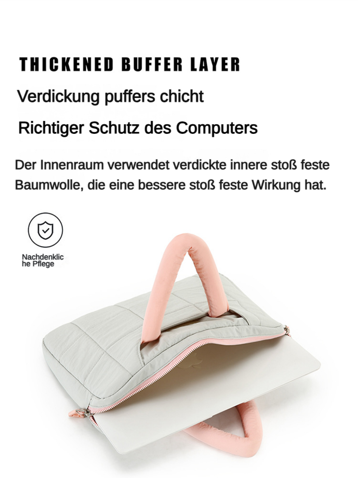 Graue Laptoptasche mit rosa Griffen enthält einen Laptop.