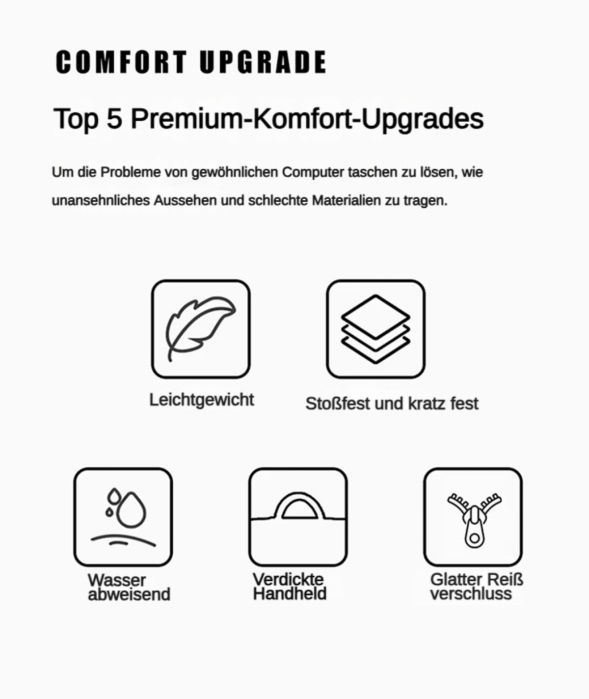 Grafiken mit Icons für Leichtgewicht, Stoßfest, Wasserabweisend, Verdickte Handheld, Reißverschluss.