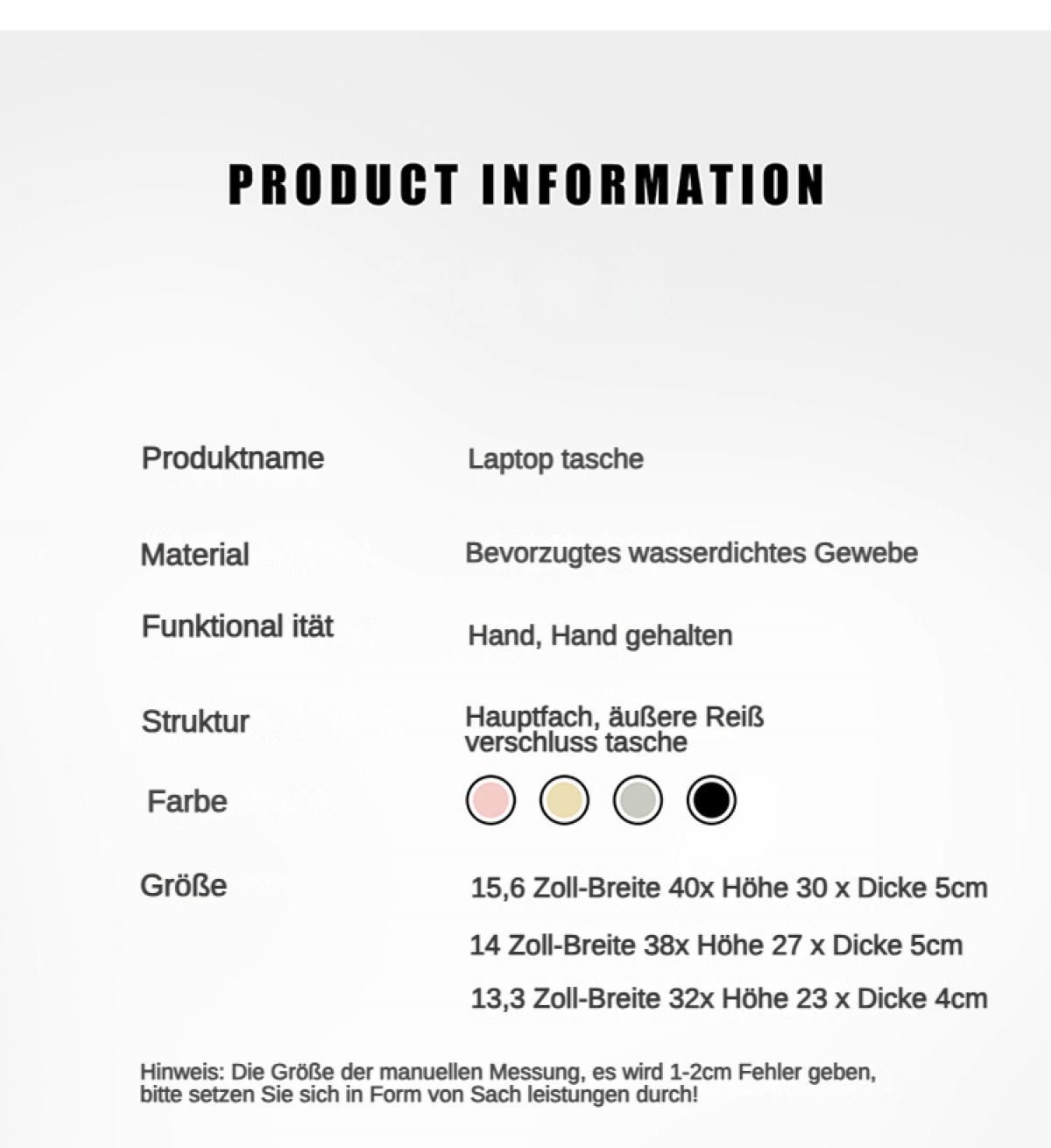 Produktinformationen: Laptoptasche, wasserdichtes Gewebe, Handhaltung, Reißverschlusstasche.