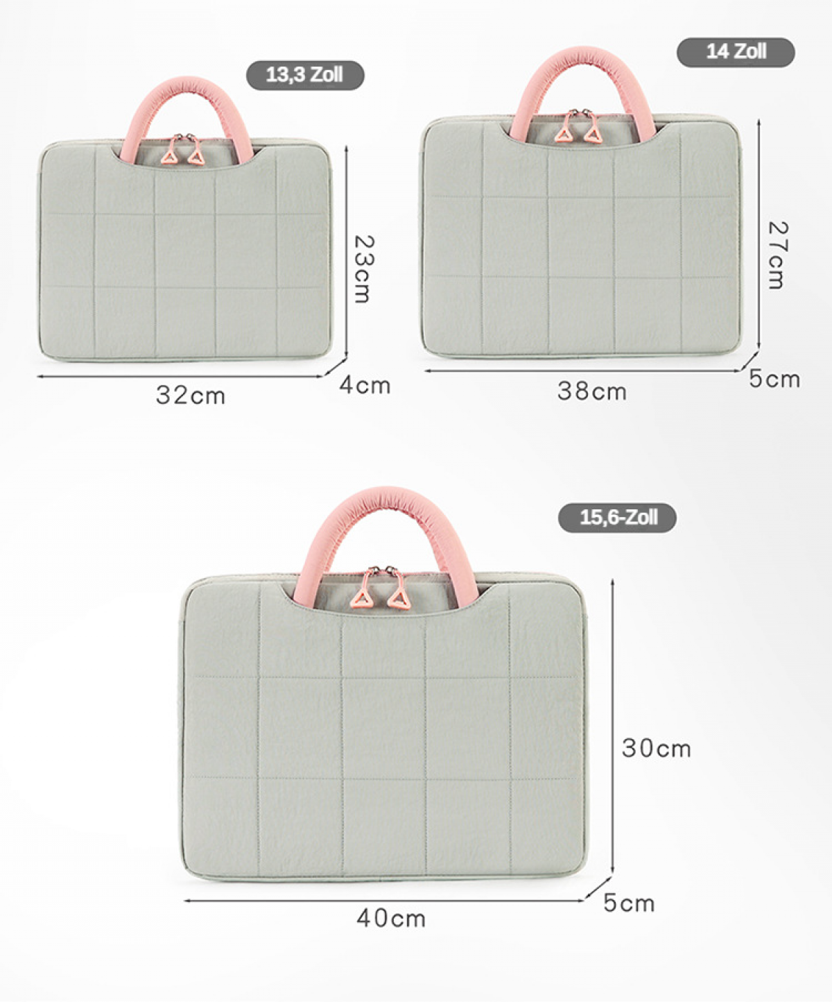 Drei graue Laptoptaschen mit rosa Griffen und Maßen, nebeneinander.