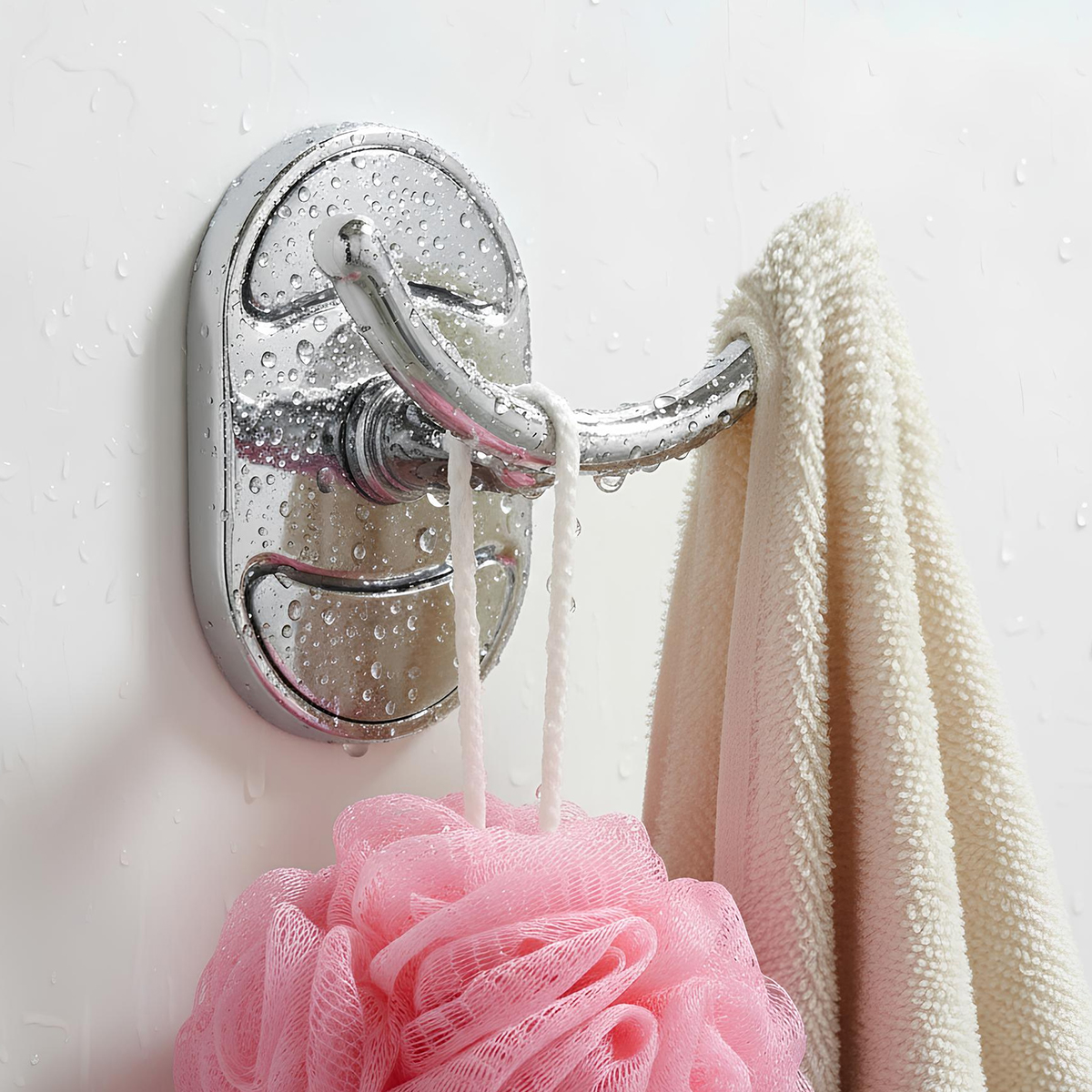 Ein verchromter Haken mit Wassertropfen, der einen rosa Duschschwamm und ein weißes Handtuch hält.
