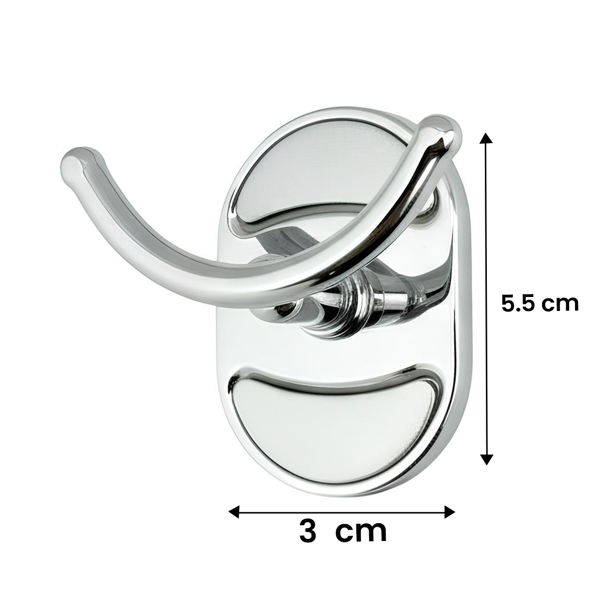Ein glänzender Doppel-Kleiderhaken aus Metall auf weißem Hintergrund.